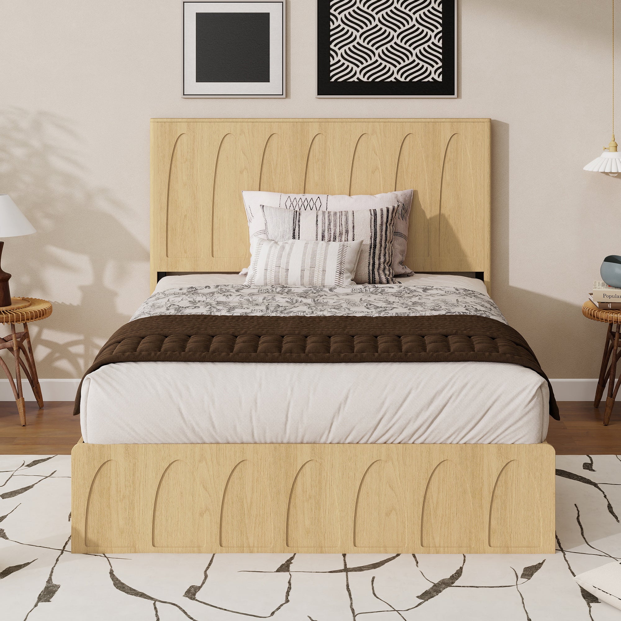 Light blond oak queen bed with drawers, front view, arched cathedral-groove headboard and footboard, styled bedding #Color_Oak