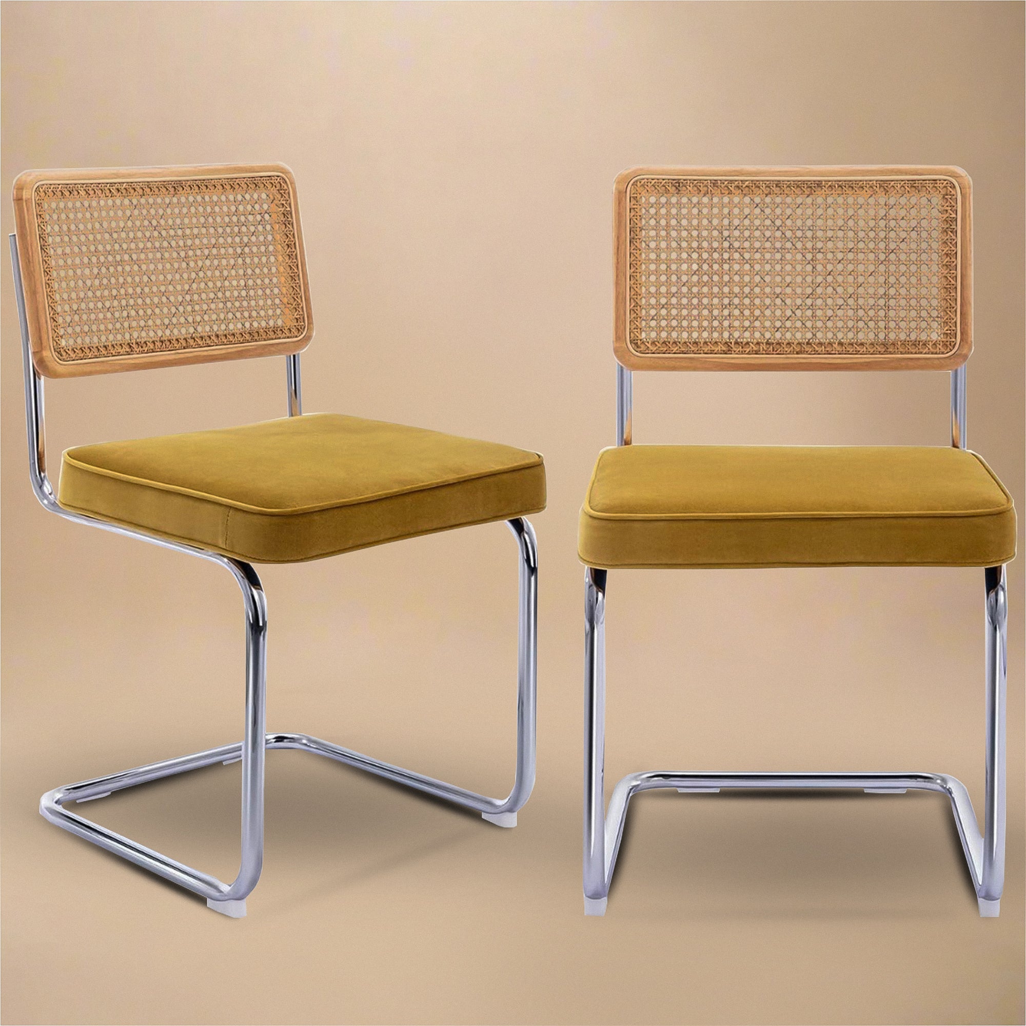 Rattan Dining Chairs – Set of 2, Yellow Velvet