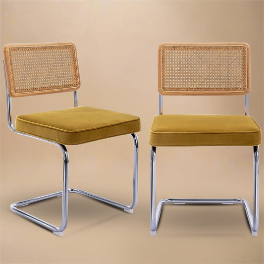 Rattan Dining Chairs – Set of 2, Yellow Velvet