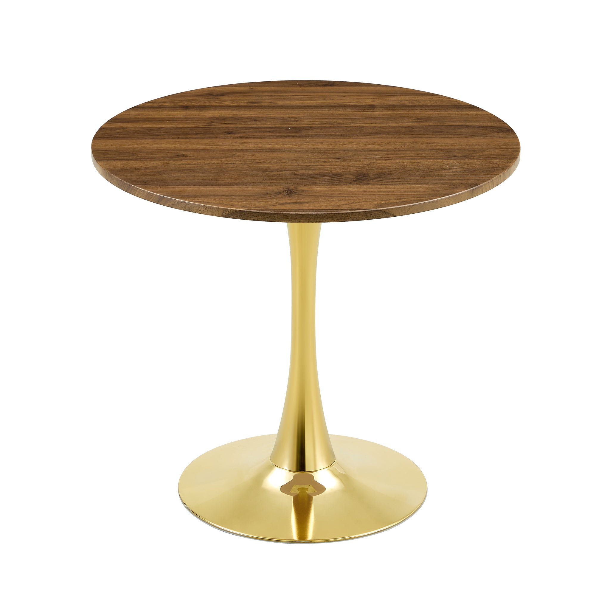 Close-up of the walnut tabletop edge above the gold pedestal stem on a white background