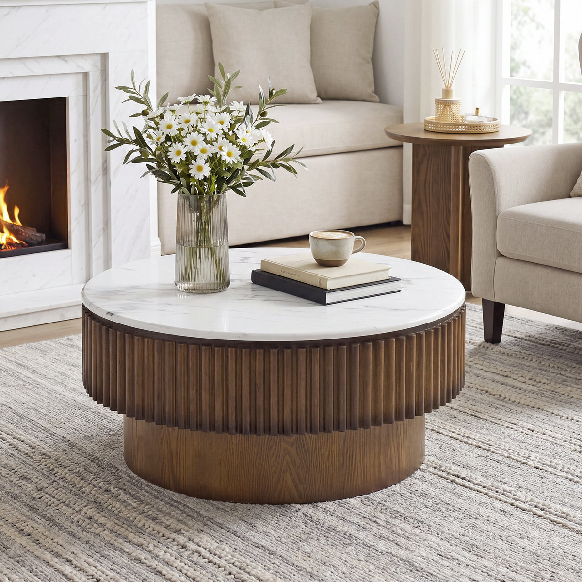 Brown Round Fluted Lift-Top Coffee Table, 31.5 in