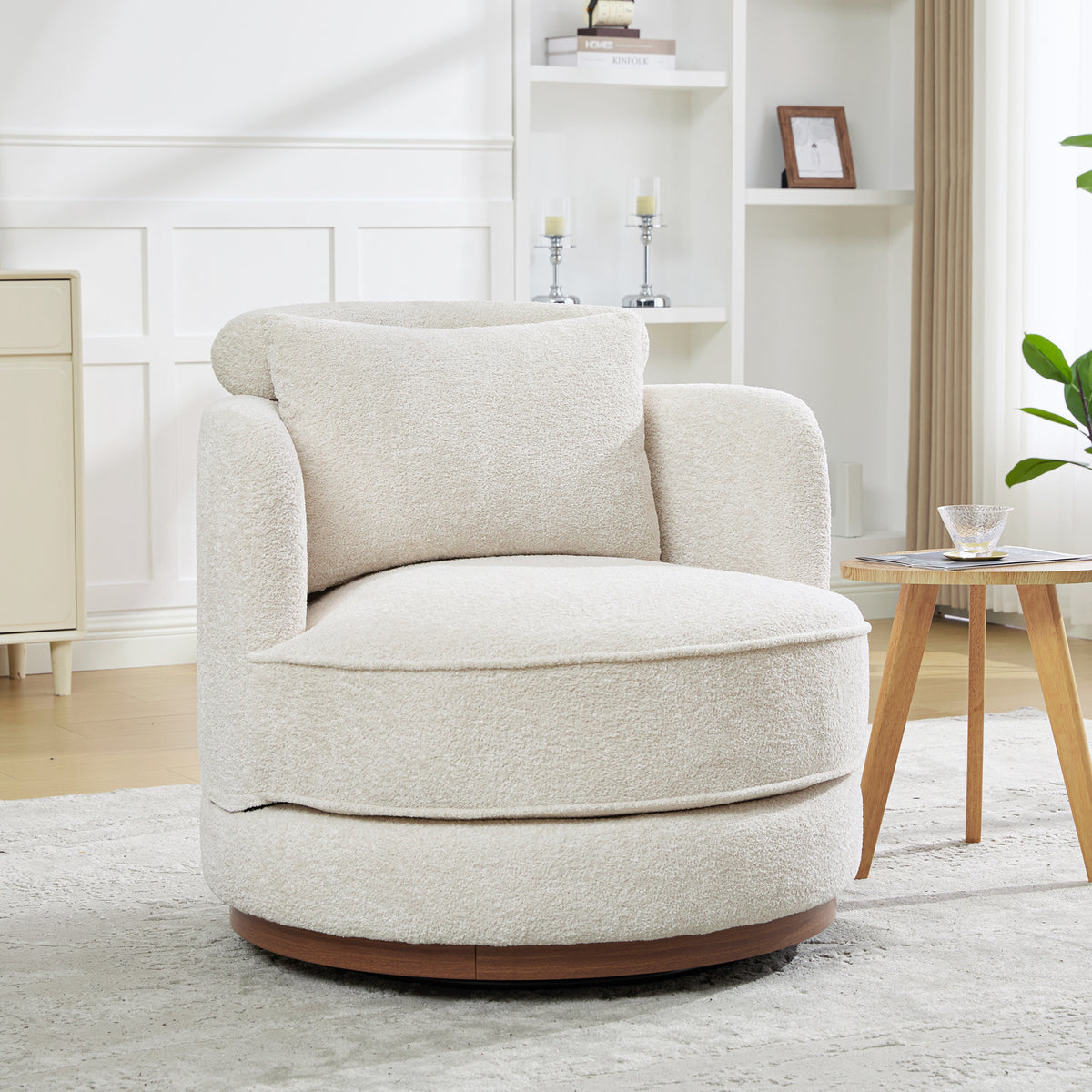 Beige Chenille Swivel Barrel Chair