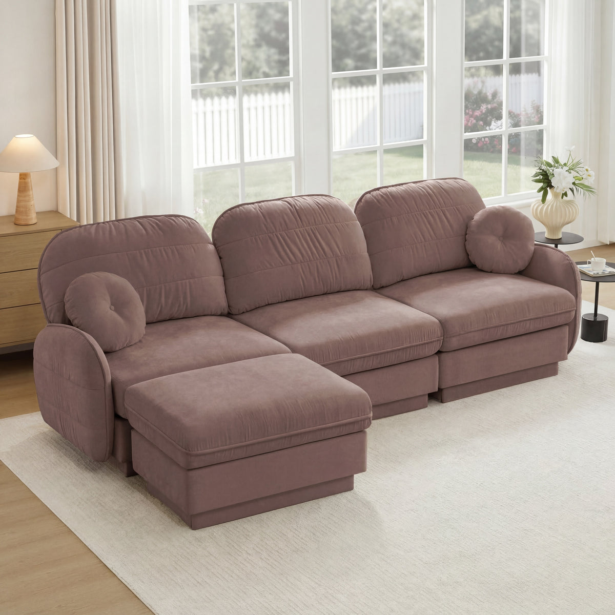 Pink Chenille Sectional Couch with Ottoman, 105 in Wide