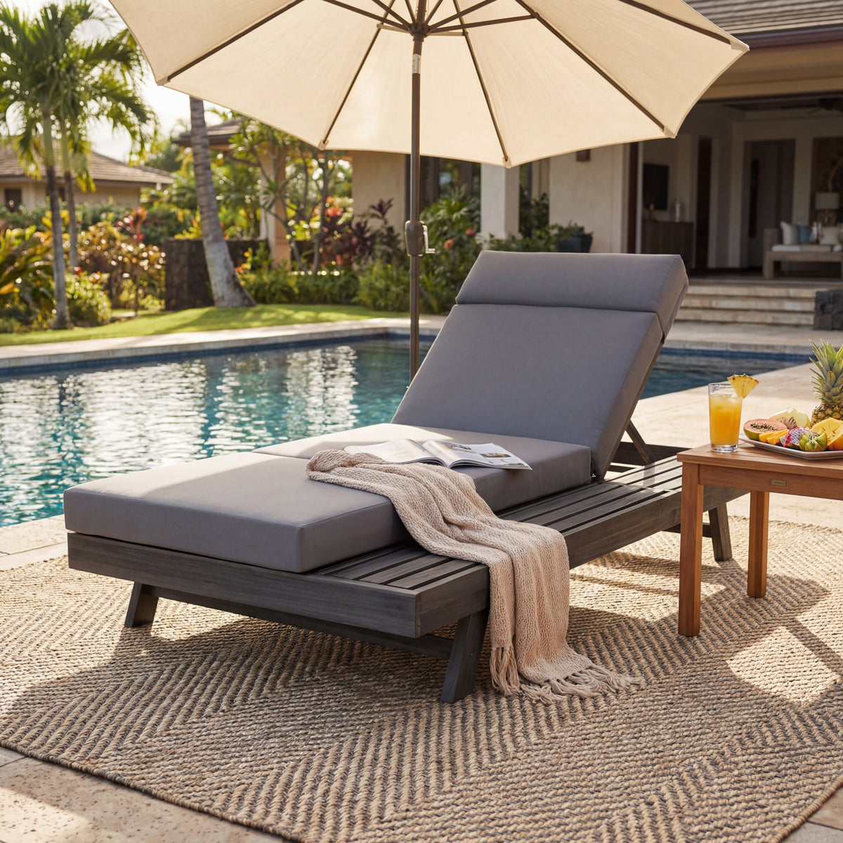 Black Solid Wood Outdoor Chaise Lounge, Dark Gray Cushion, 3-Fold Cushion