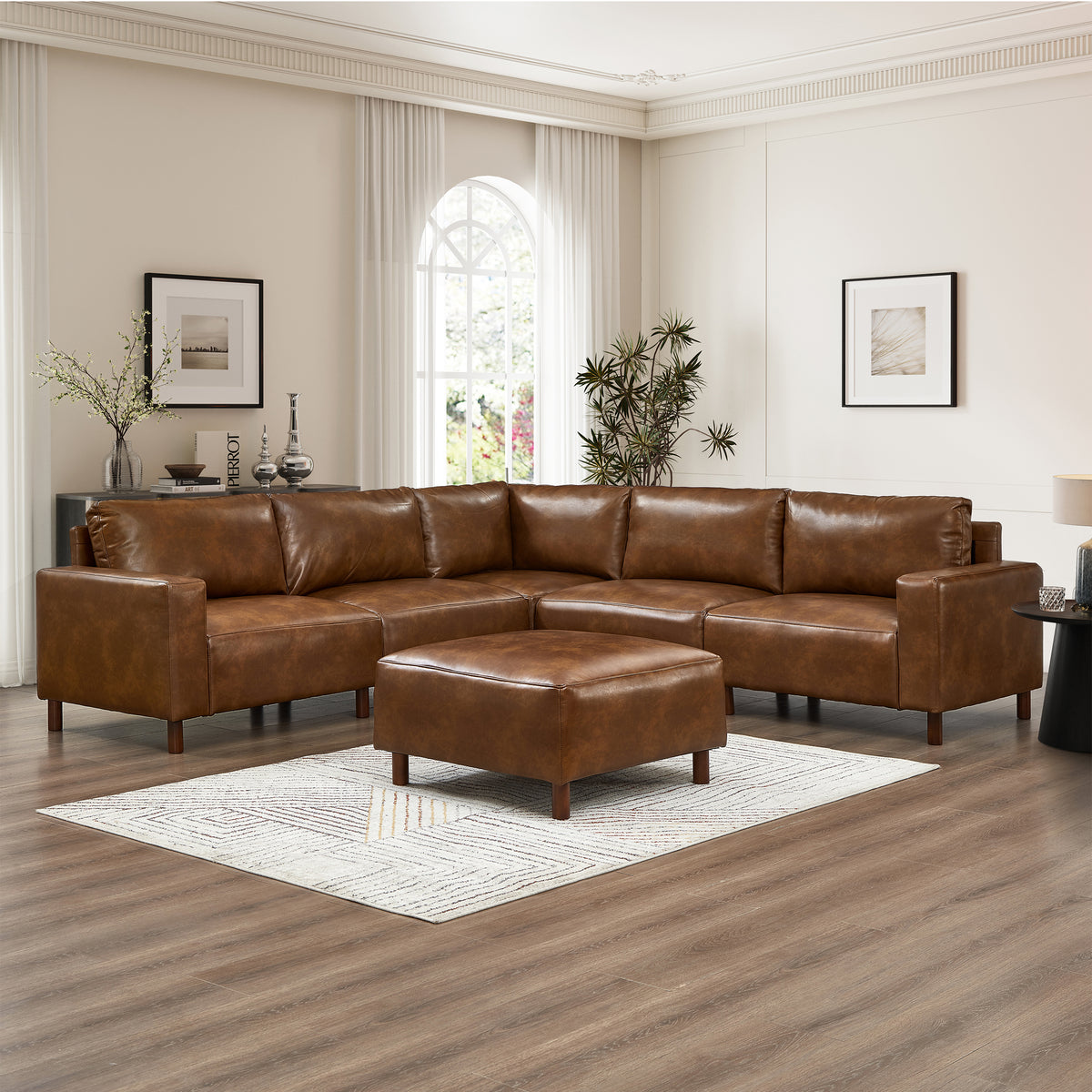 Brown Vegan Leather Modular Sectional with Ottoman, 104 in Wide