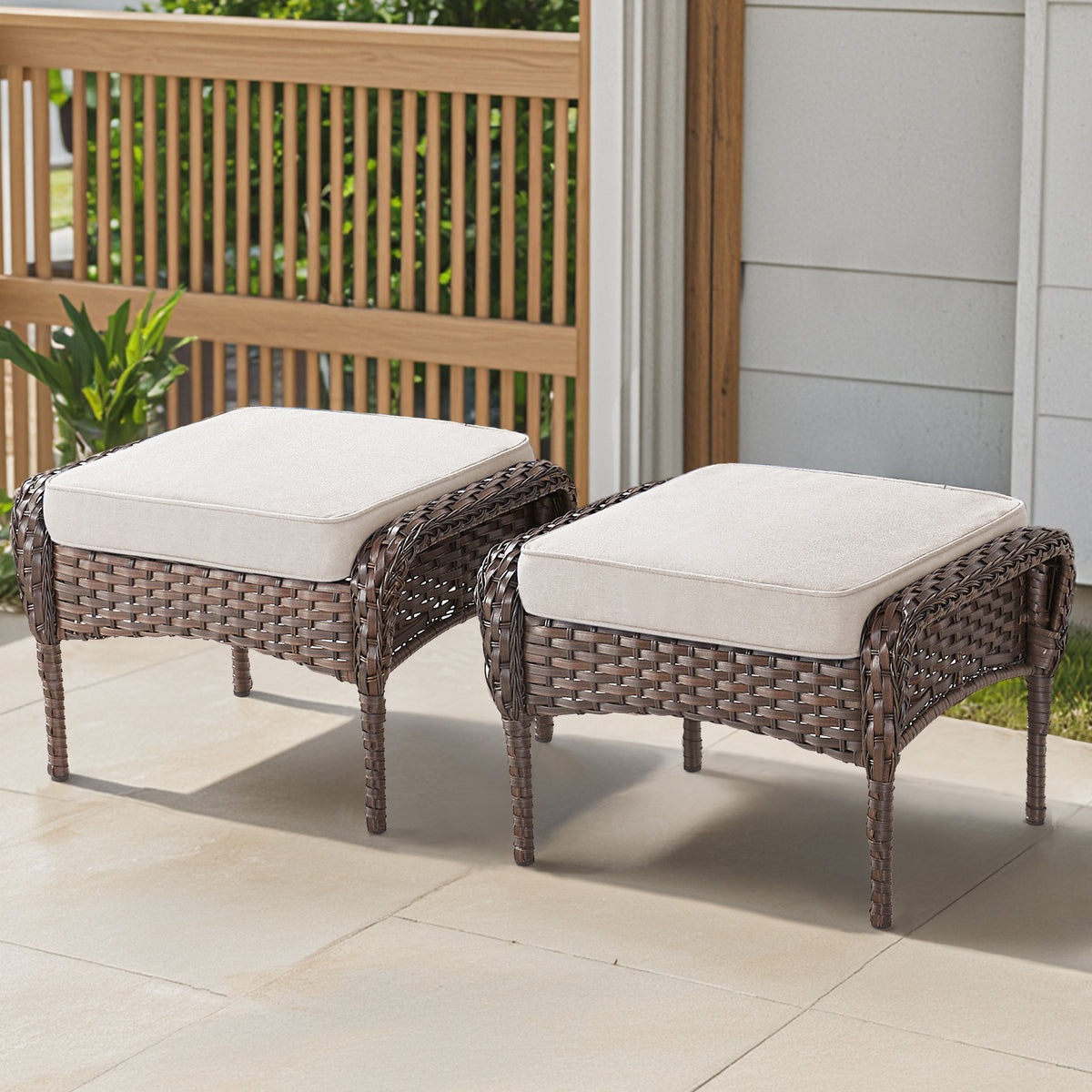 Wicker Outdoor Ottoman with Beige Cushions, Set of 2, 15.8 in Tall