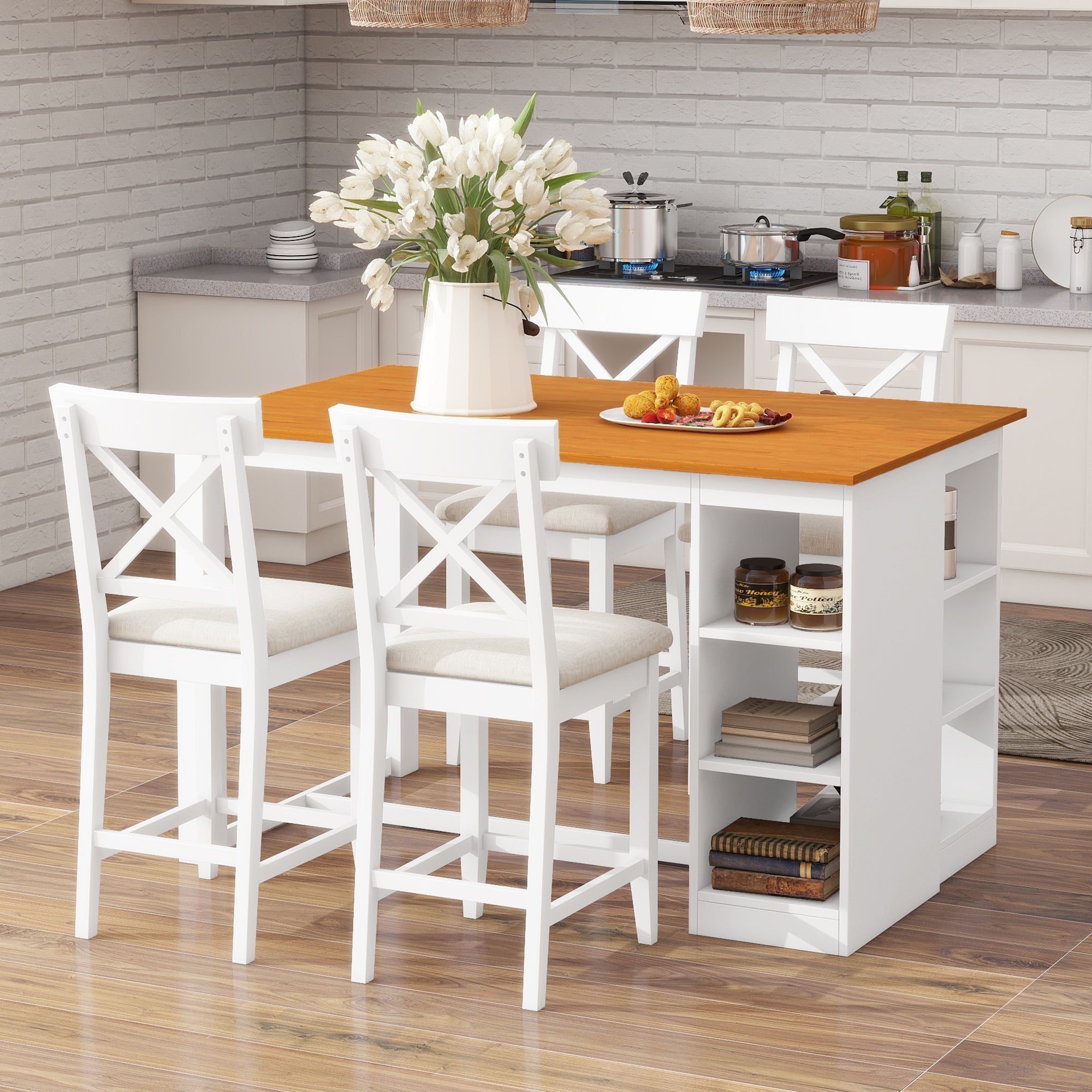 5-Piece Counter Height Dining Set, White Storage Table and 4 Stools