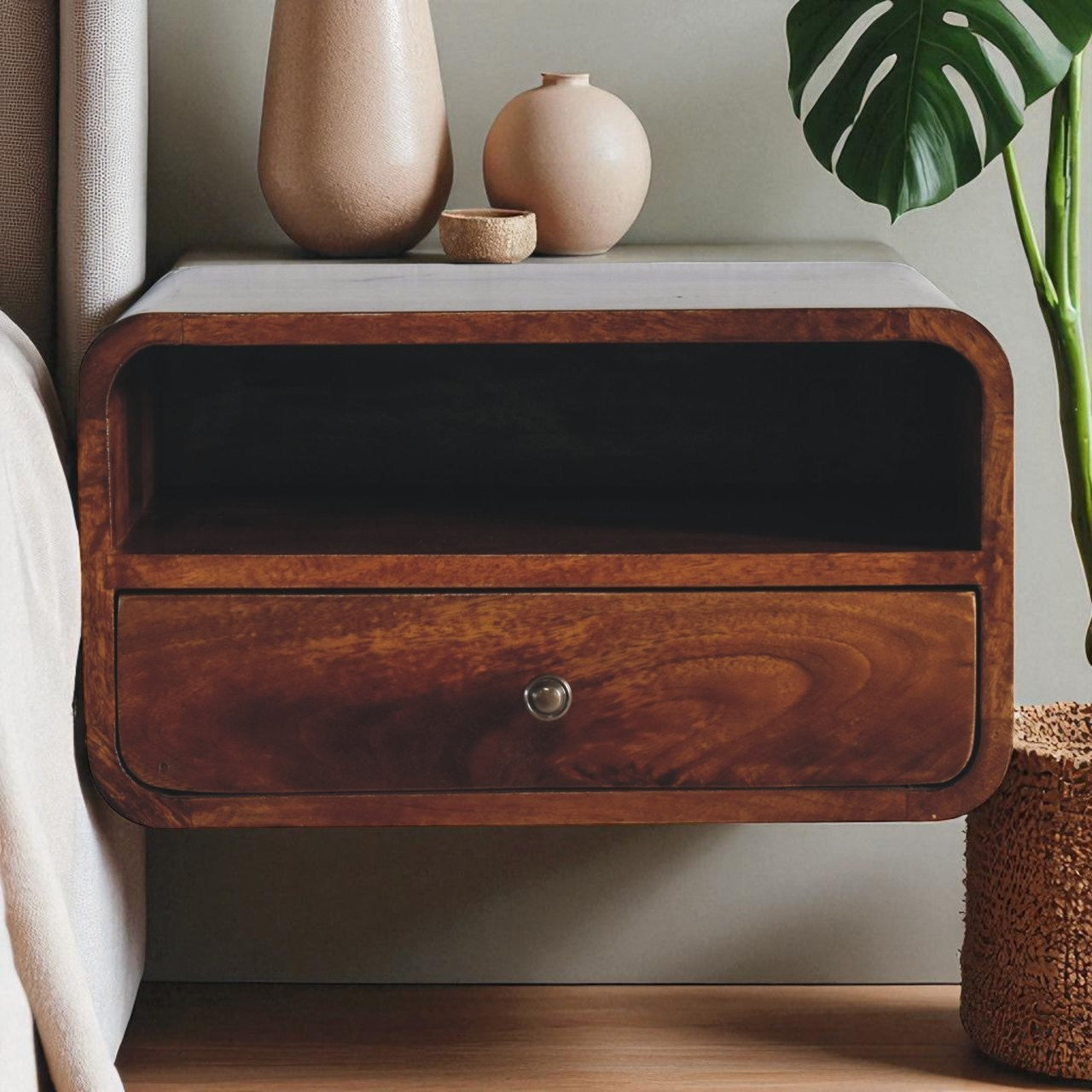 Wall Mounted Nightstand with Drawer, Solid Mango Wood, Chestnut