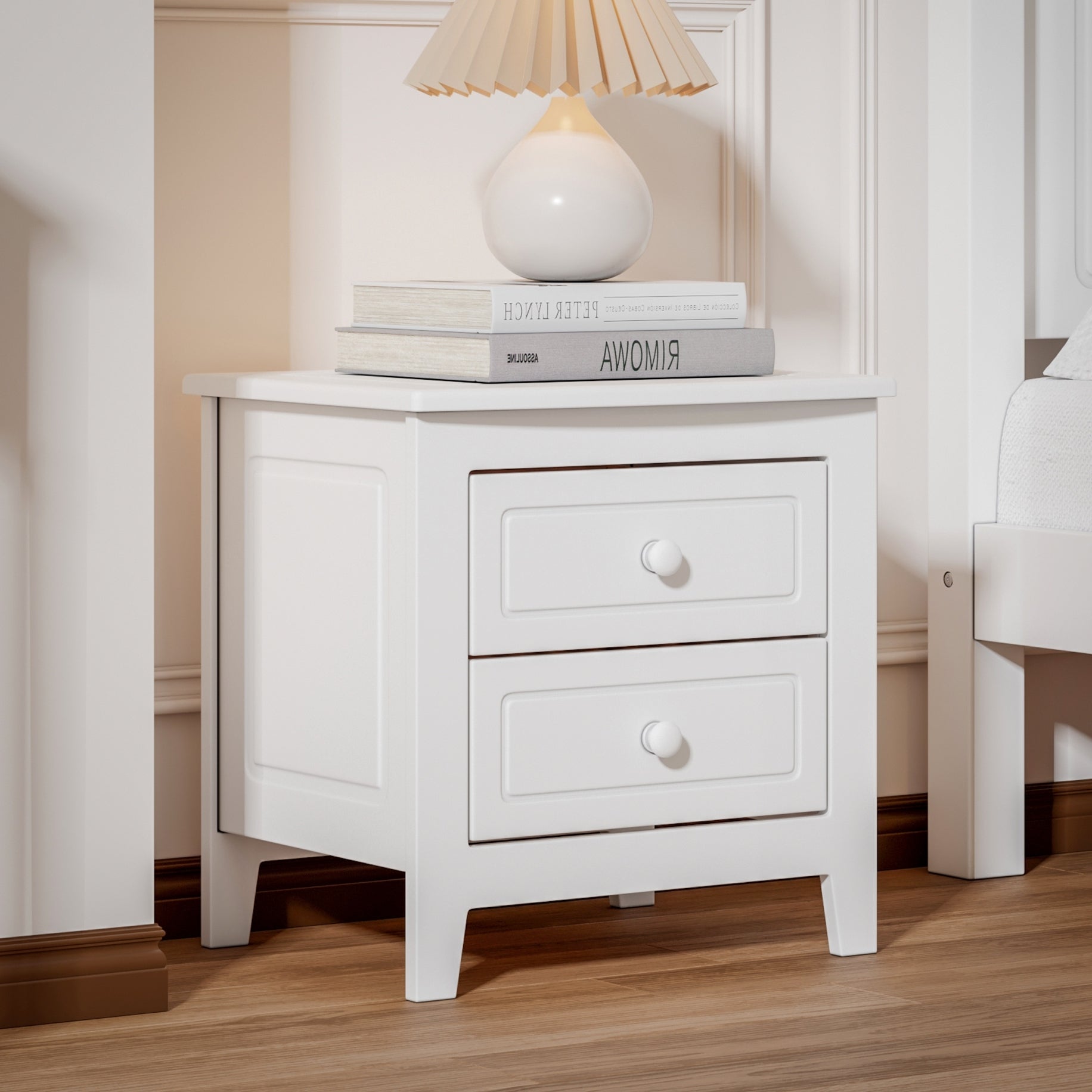 Mid Century 2 Drawer Nightstand, 19.3in Wide, White