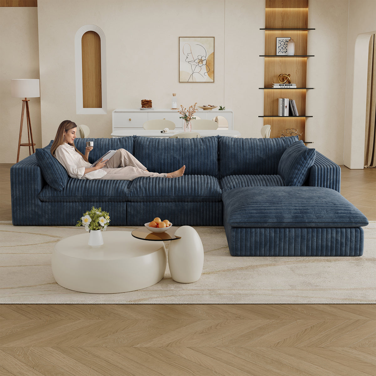 Blue Corduroy Modular 4-Seat Couch, No Assembly, 118.2 in Wide