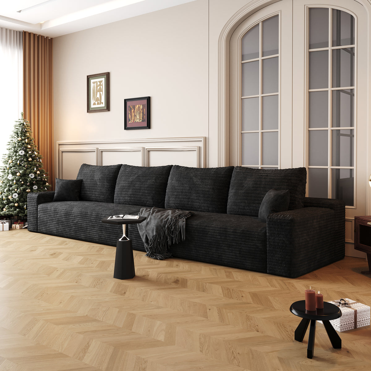 Black Corduroy Modular Sectional Couch, No Assembly, 140 in Wide