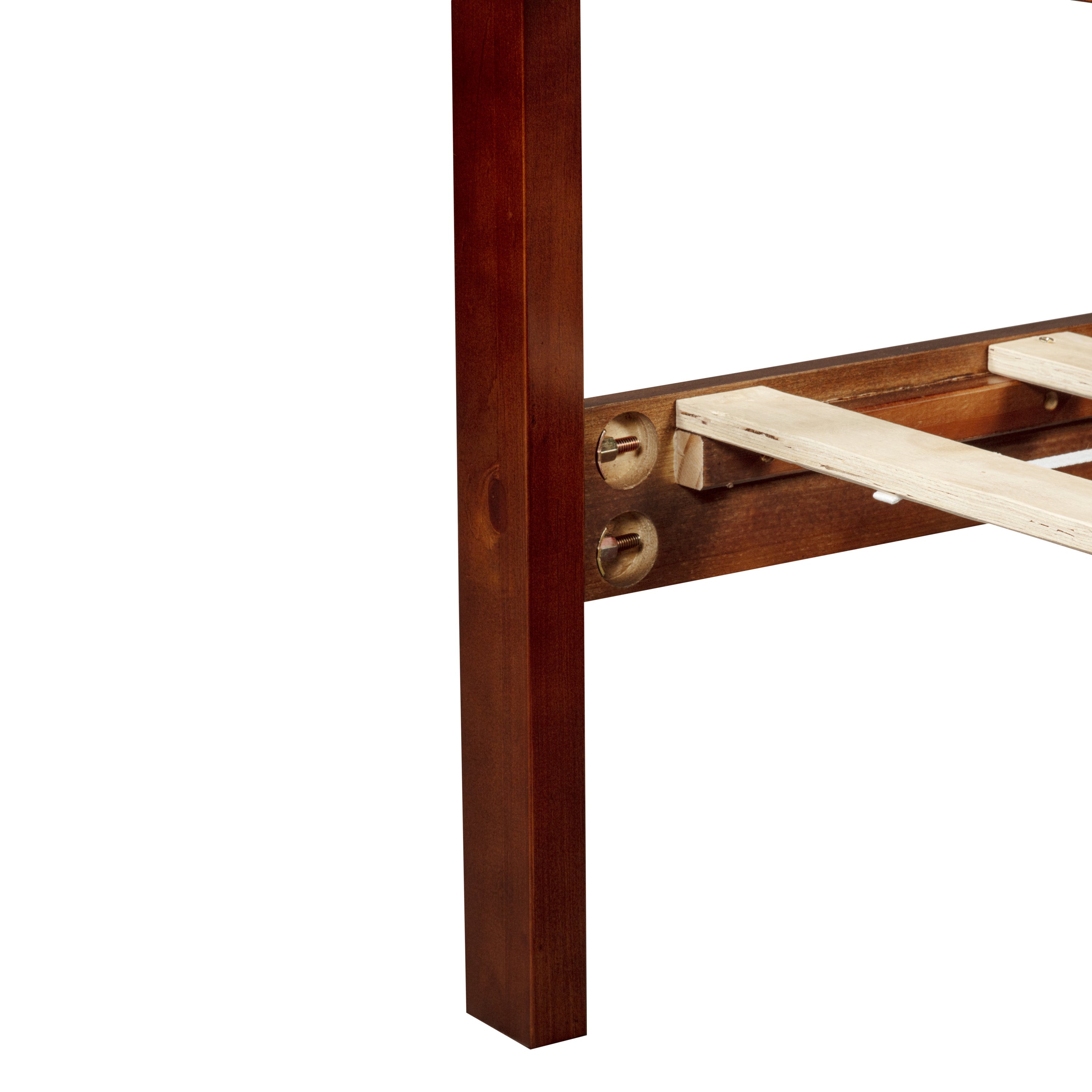 Close-up of assembly hardware and bolts, farmhouse king bed frame