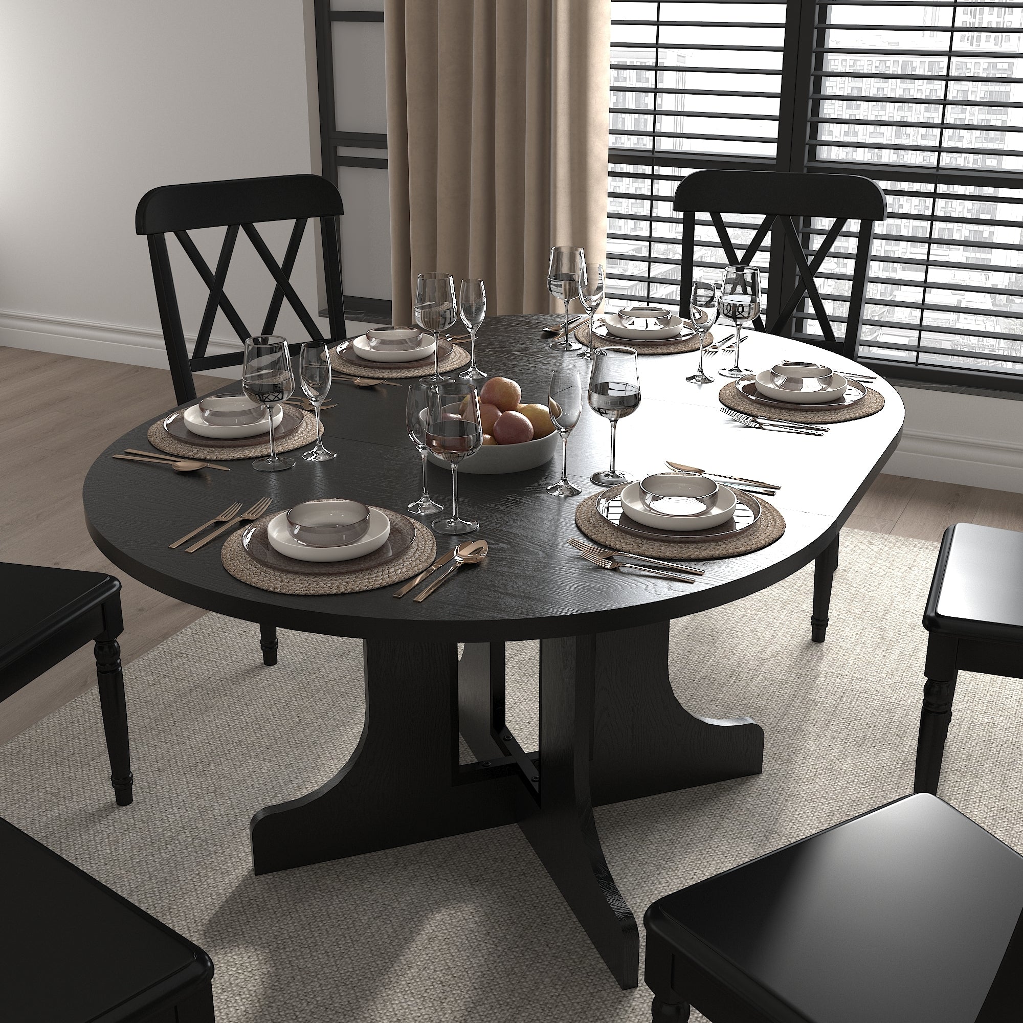 Black oval dining table set for six with black cross-back chairs in a styled dining room