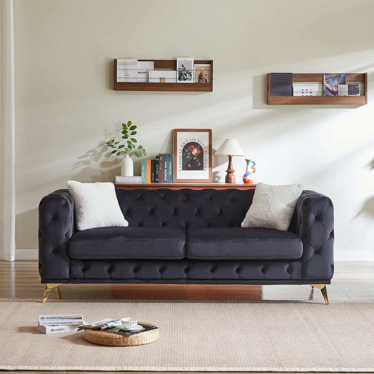 Black Velvet 3-Seat Chesterfield Sofa, 82.5 in Wide