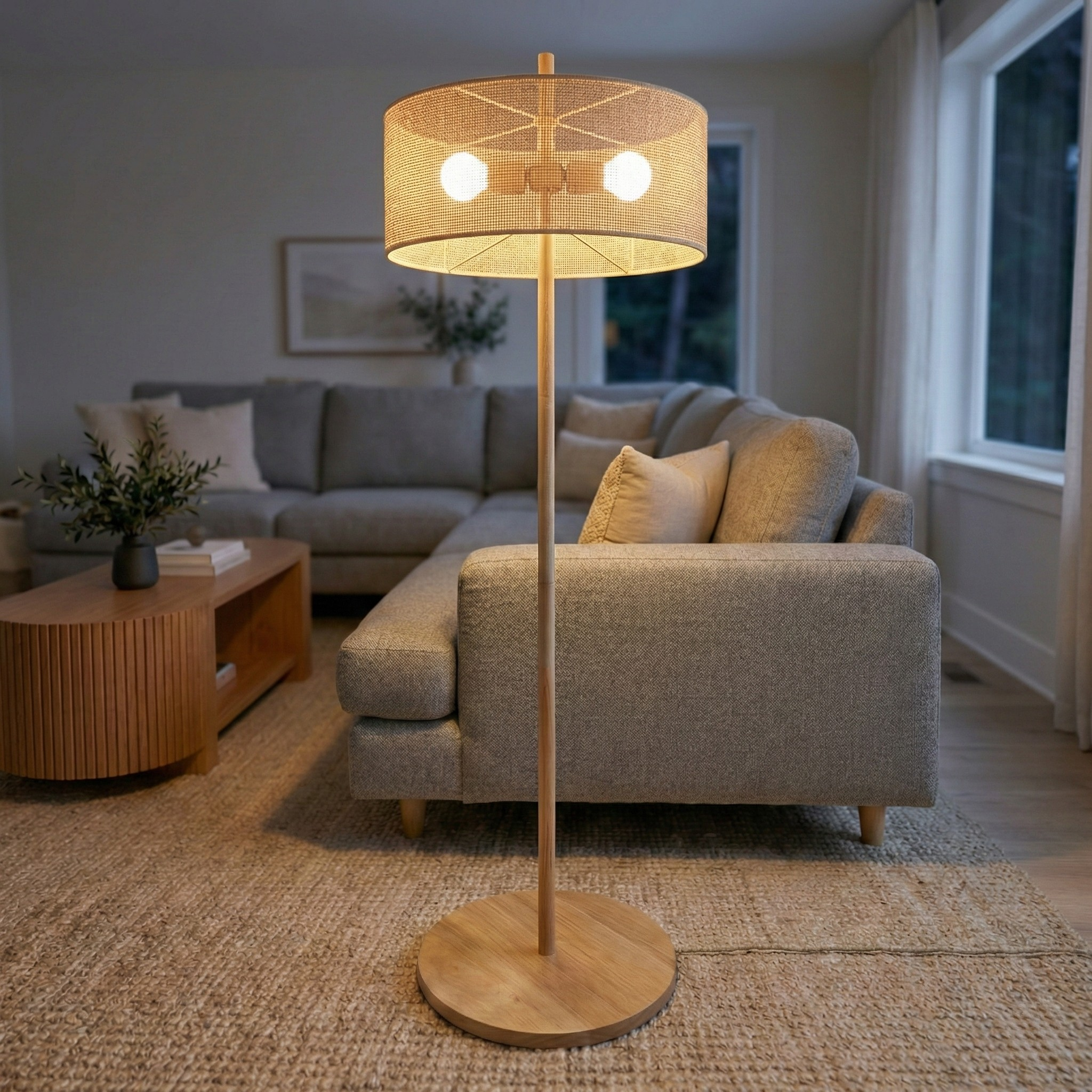 Floor Lamp with Rattan Shade, Two-Light, Brown