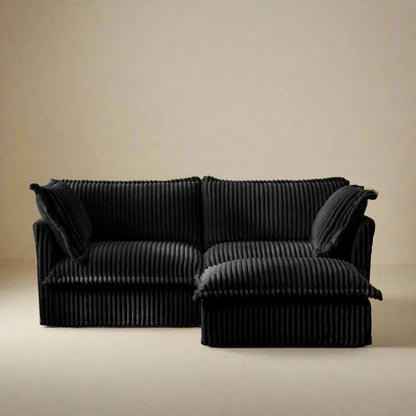 Fluffy 2-Seat Corduroy Sofa – Black with Ottoman, Washable