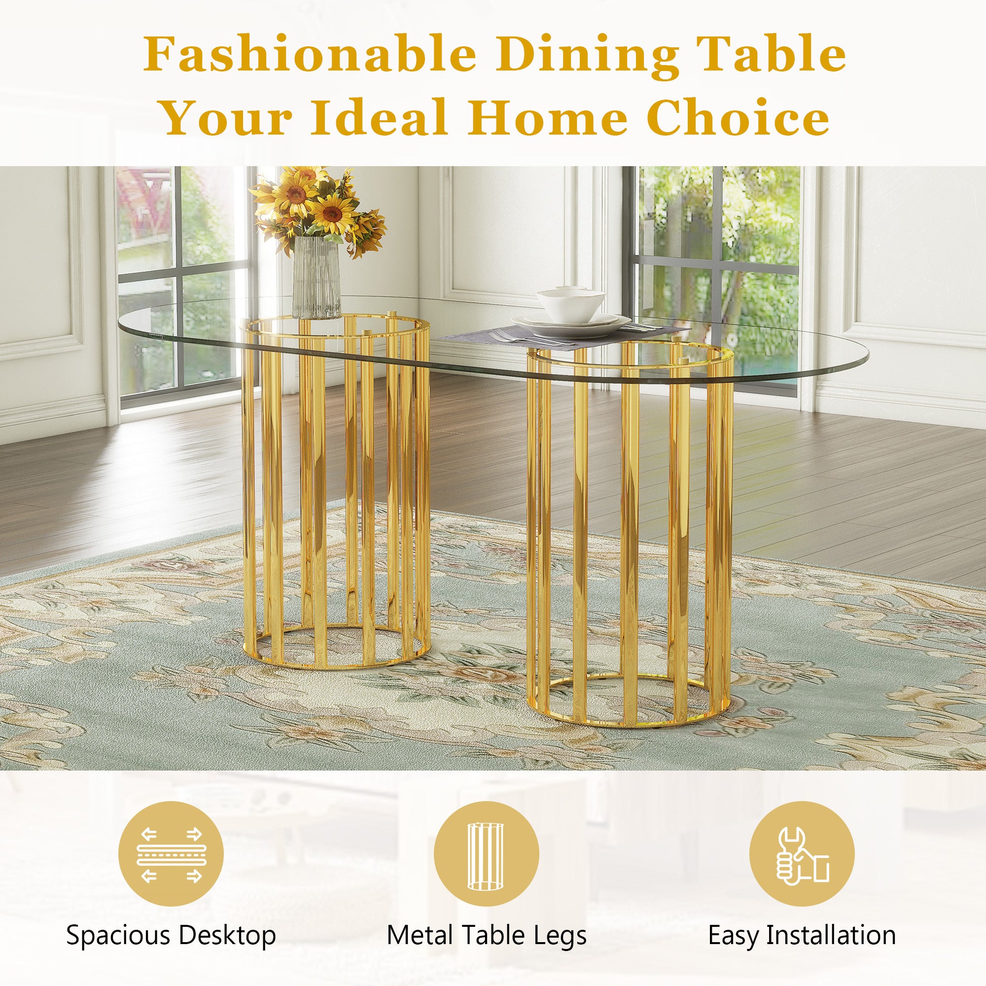 Marketing graphic calling the oval glass dining table with gold double-column base a fashionable home choice