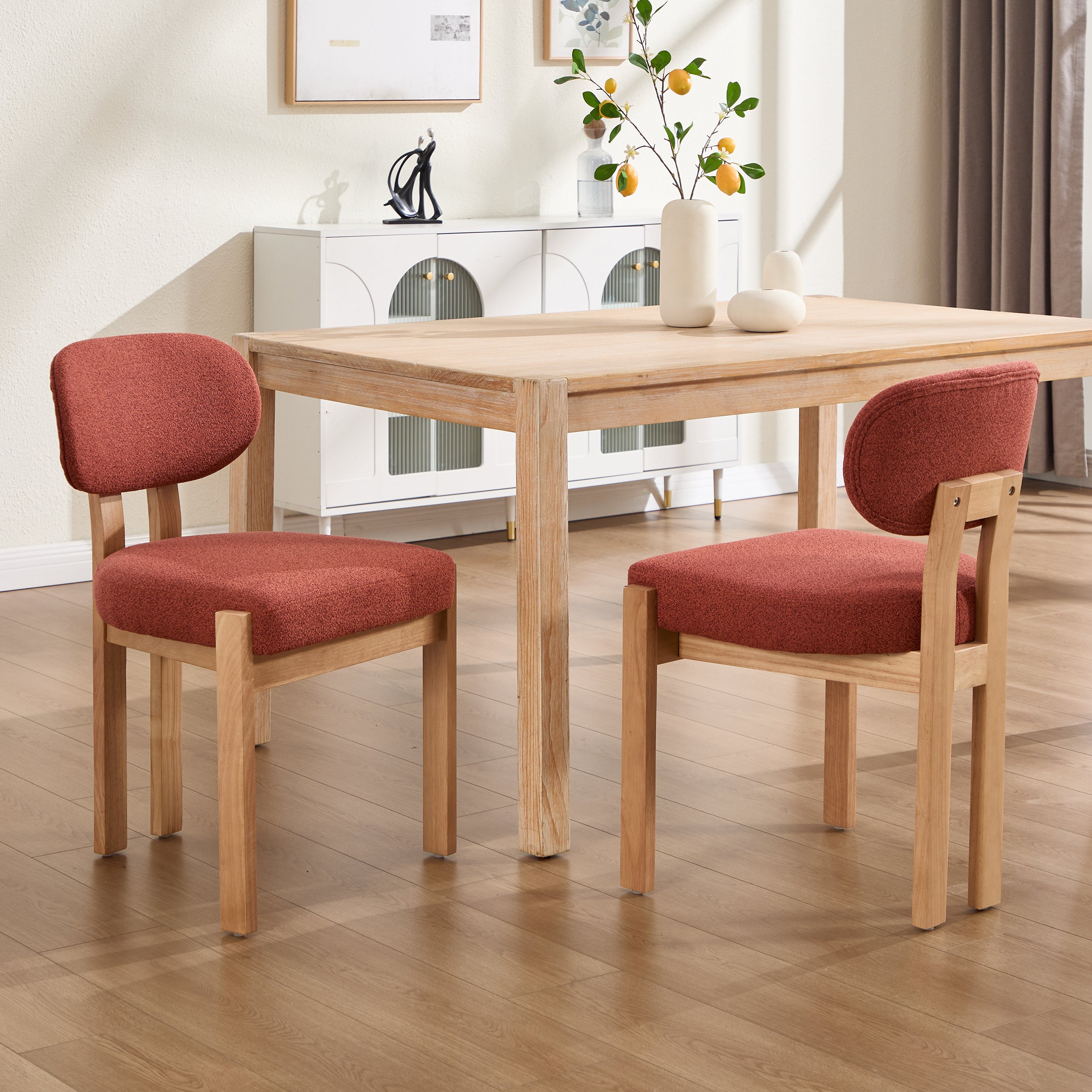Modern Boucle Dining Chairs Set of 2, Wood Legs, Terracotta