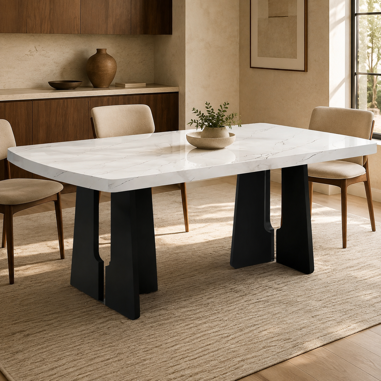 Faux Marble Dining Table, 63 Inch - Black and White, Wood Legs