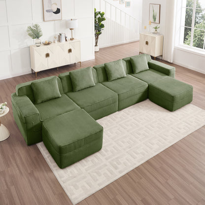 Boneless Couch – 4 Seater with 2 Ottomans, Olive Green