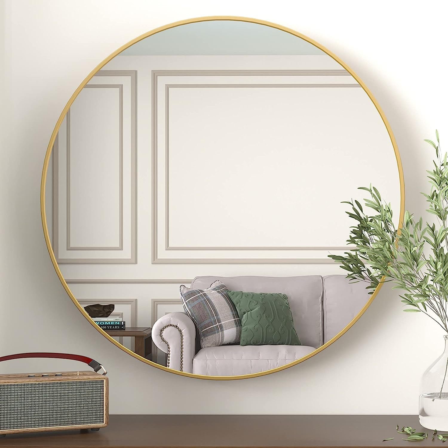 Large Round Gold Mirror, 36 in, Aluminum Frame