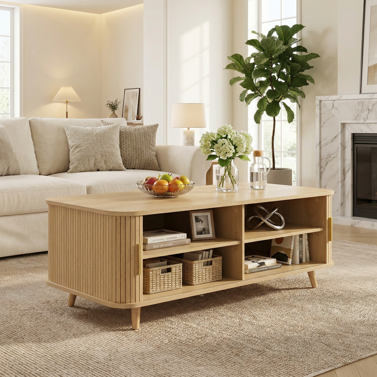 Natural Coffee Table with Storage, 47.2 in