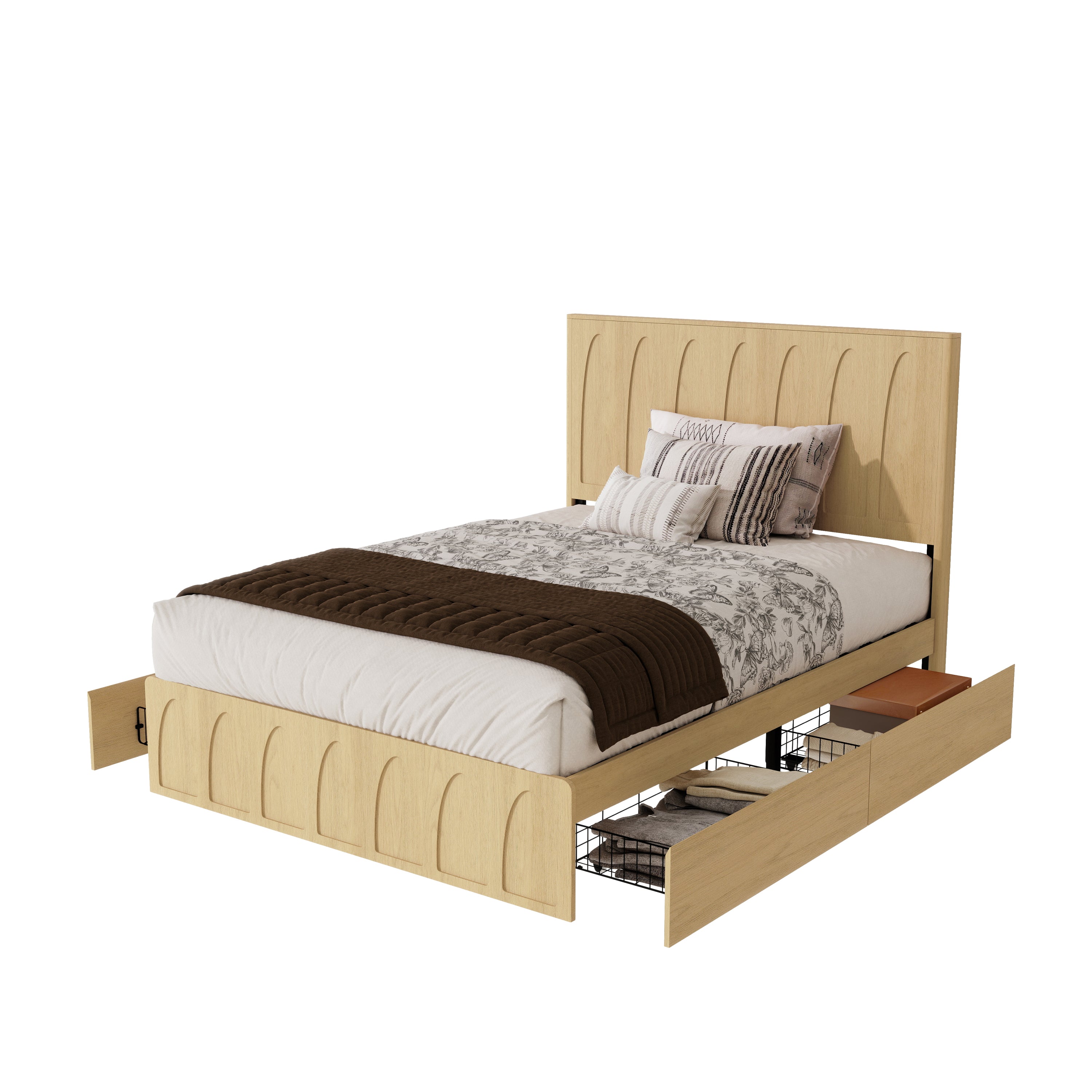 Studio angle of the oak queen storage bed with drawers pulled out on both sides, wood slat base #Color_Oak