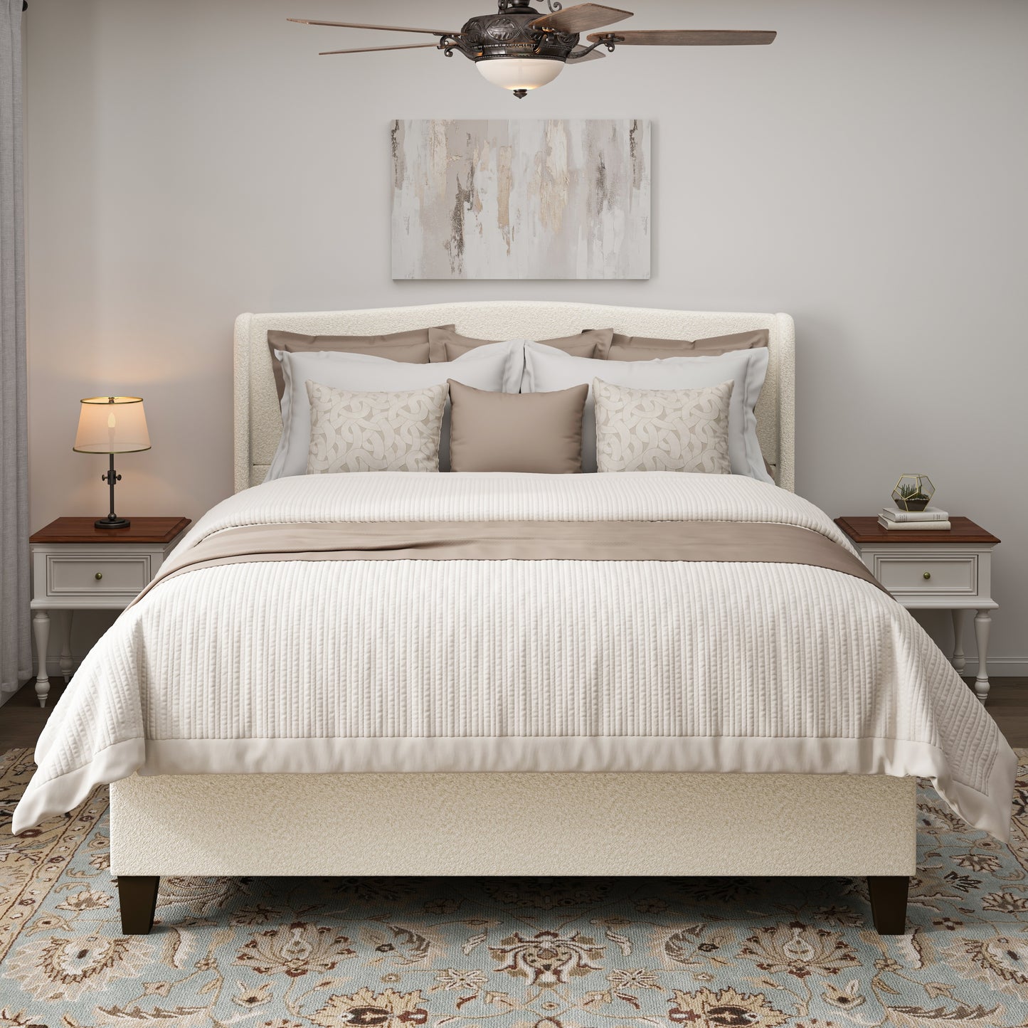 White teddy velvet king bed with camelback headboard styled with pillows