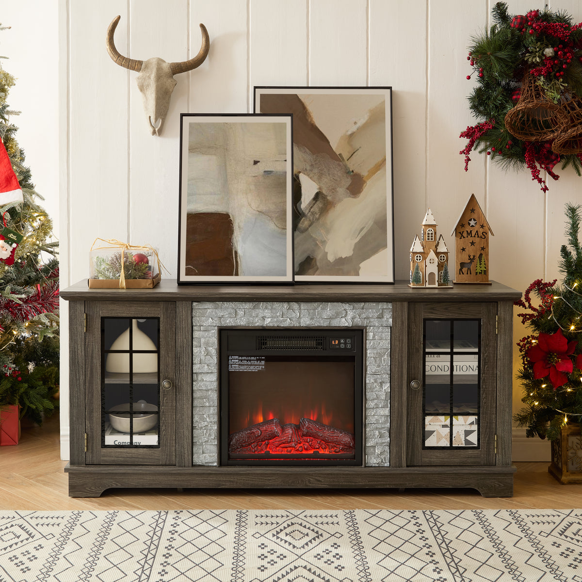Gray Fireplace TV Stand, 58.3 in Wide, 15.5 in Deep
