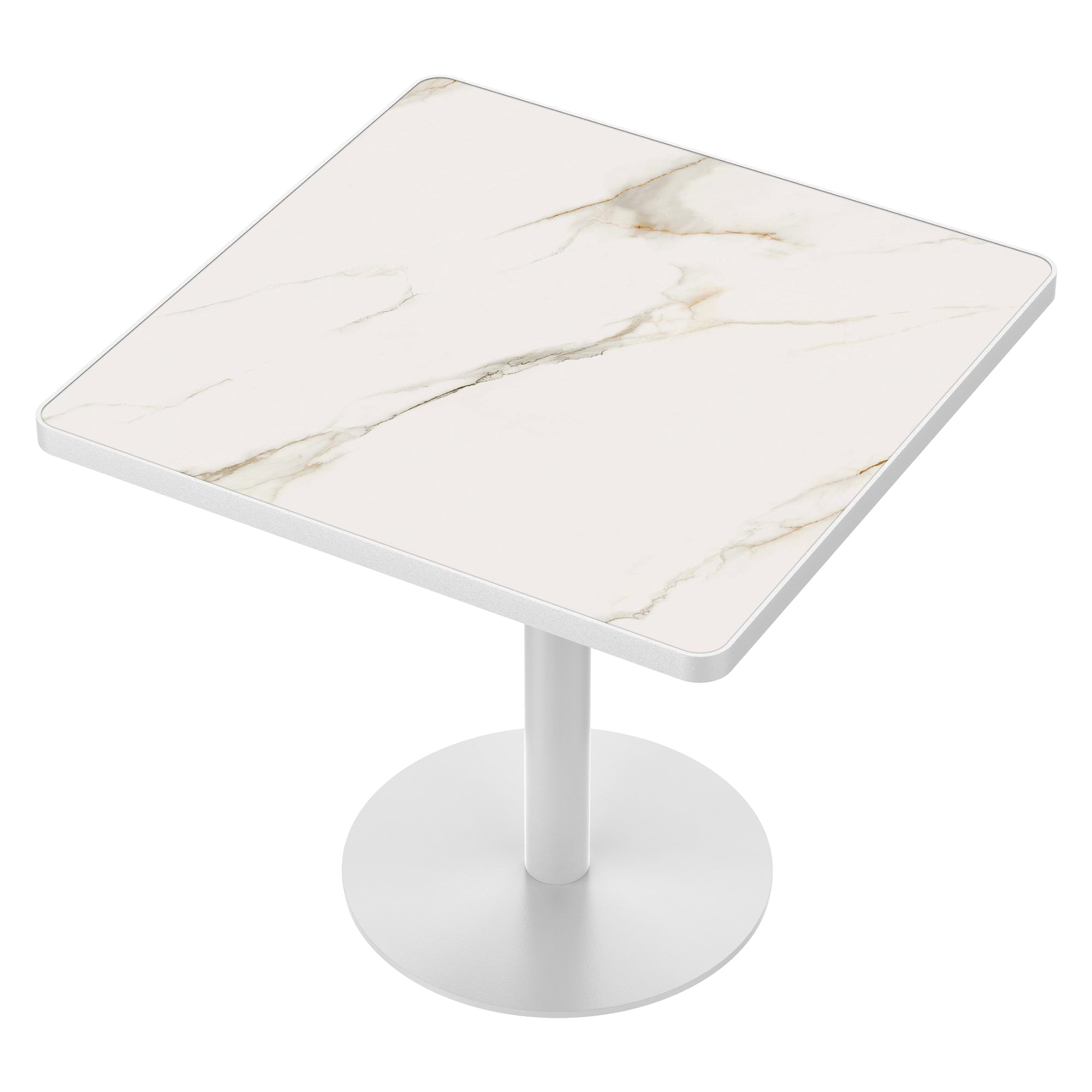 White sintered stone square dining table, high-angle three-quarter view, white pedestal, studio