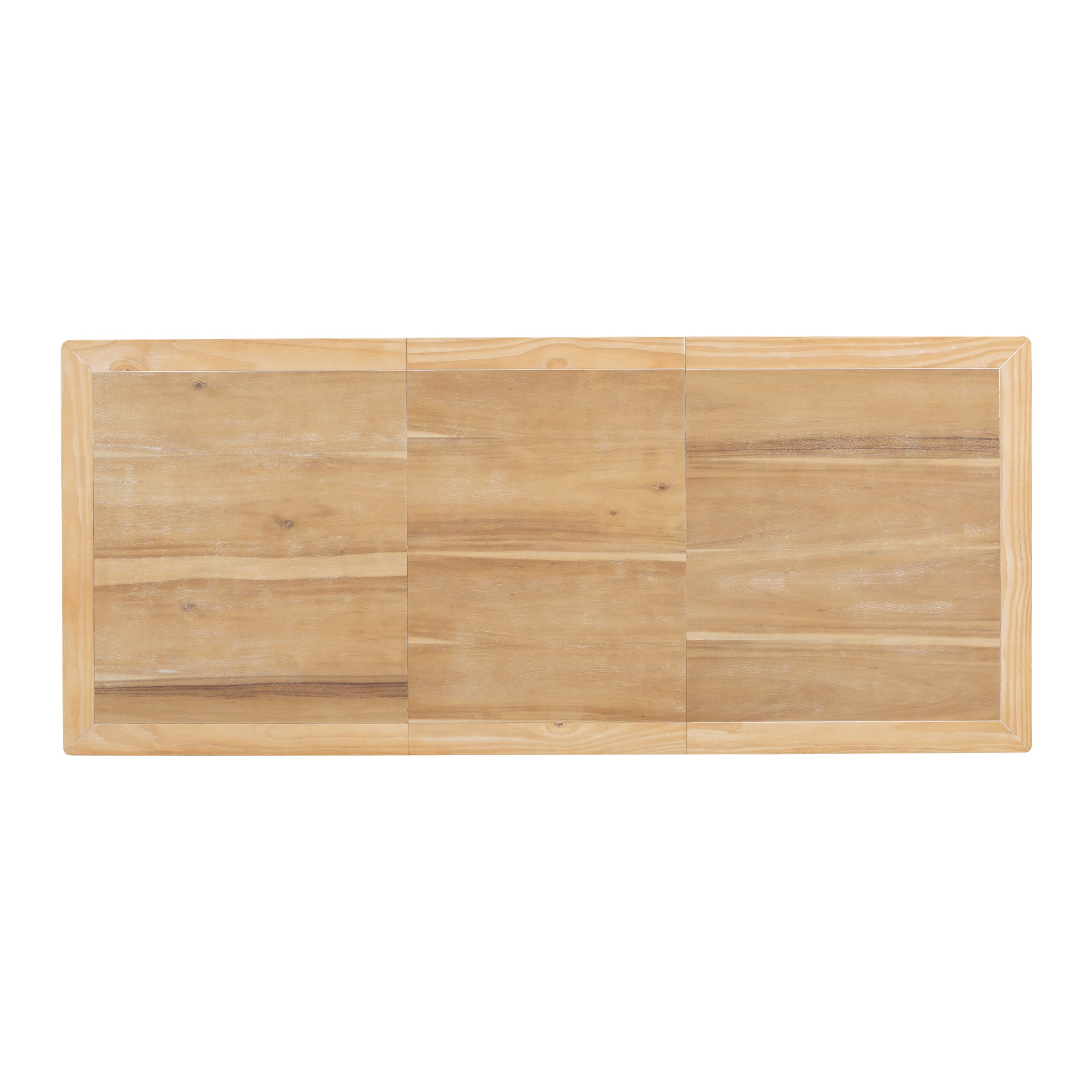 Overhead view of the rubberwood tabletop showing the three-panel extendable surface