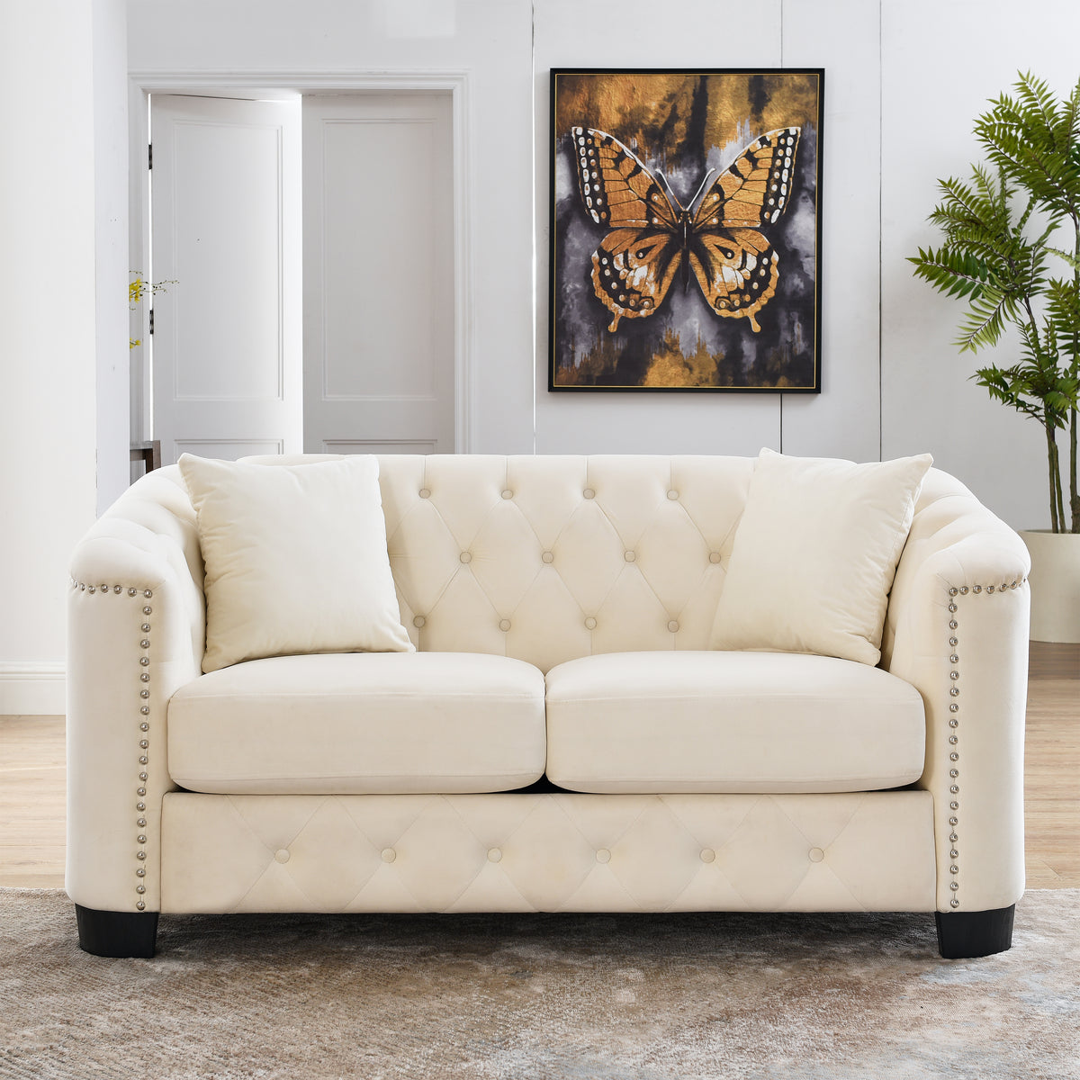 Beige Velvet 2-Seat Chesterfield Sofa, 59 in Wide
