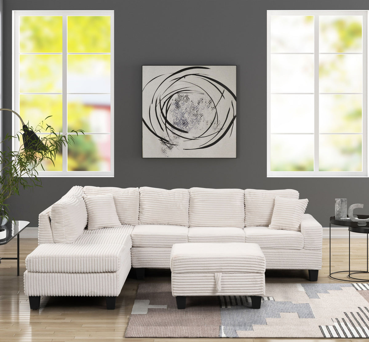 Cream L-Shaped Reclining Sectional with Ottoman