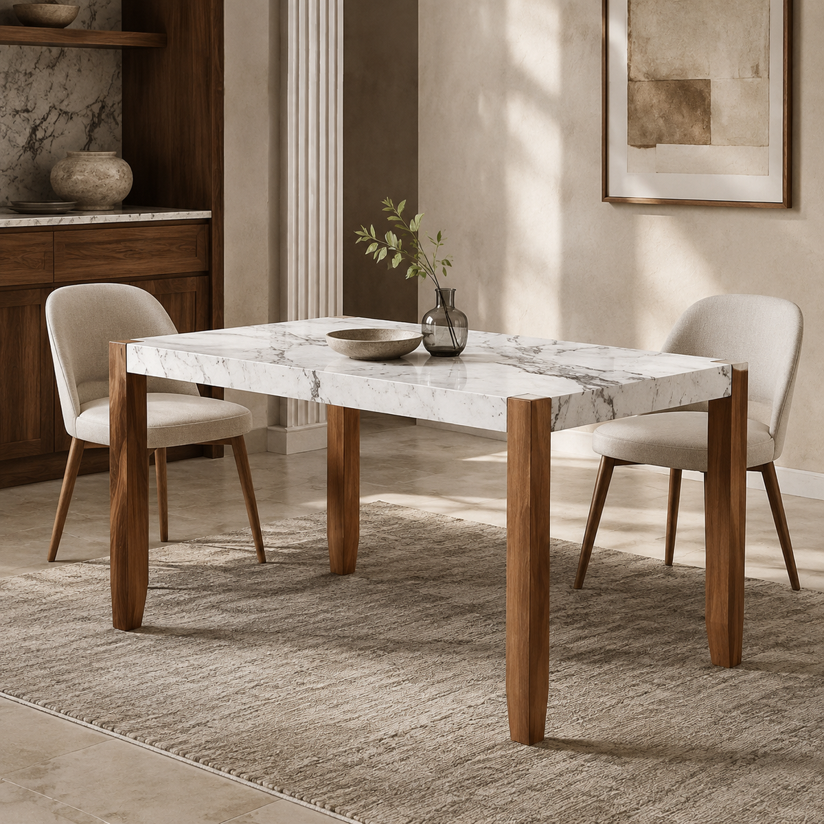 Faux Marble Dining Table, 46.5 Inch - White, Seats 4