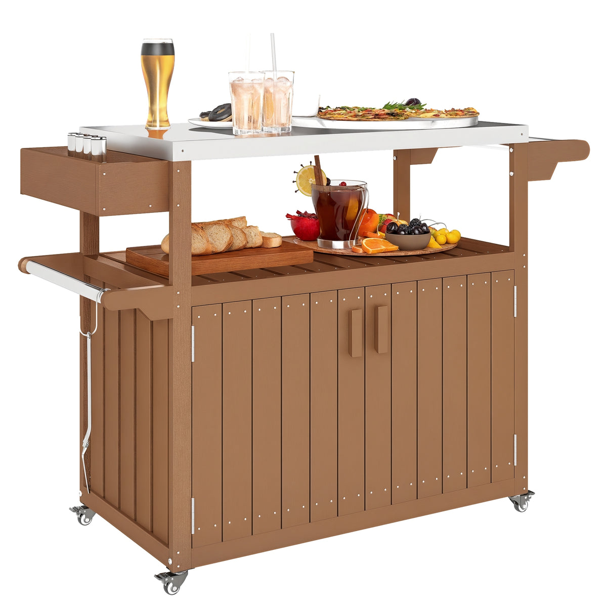 Brown HDPE Outdoor Bar Cart with Wheels