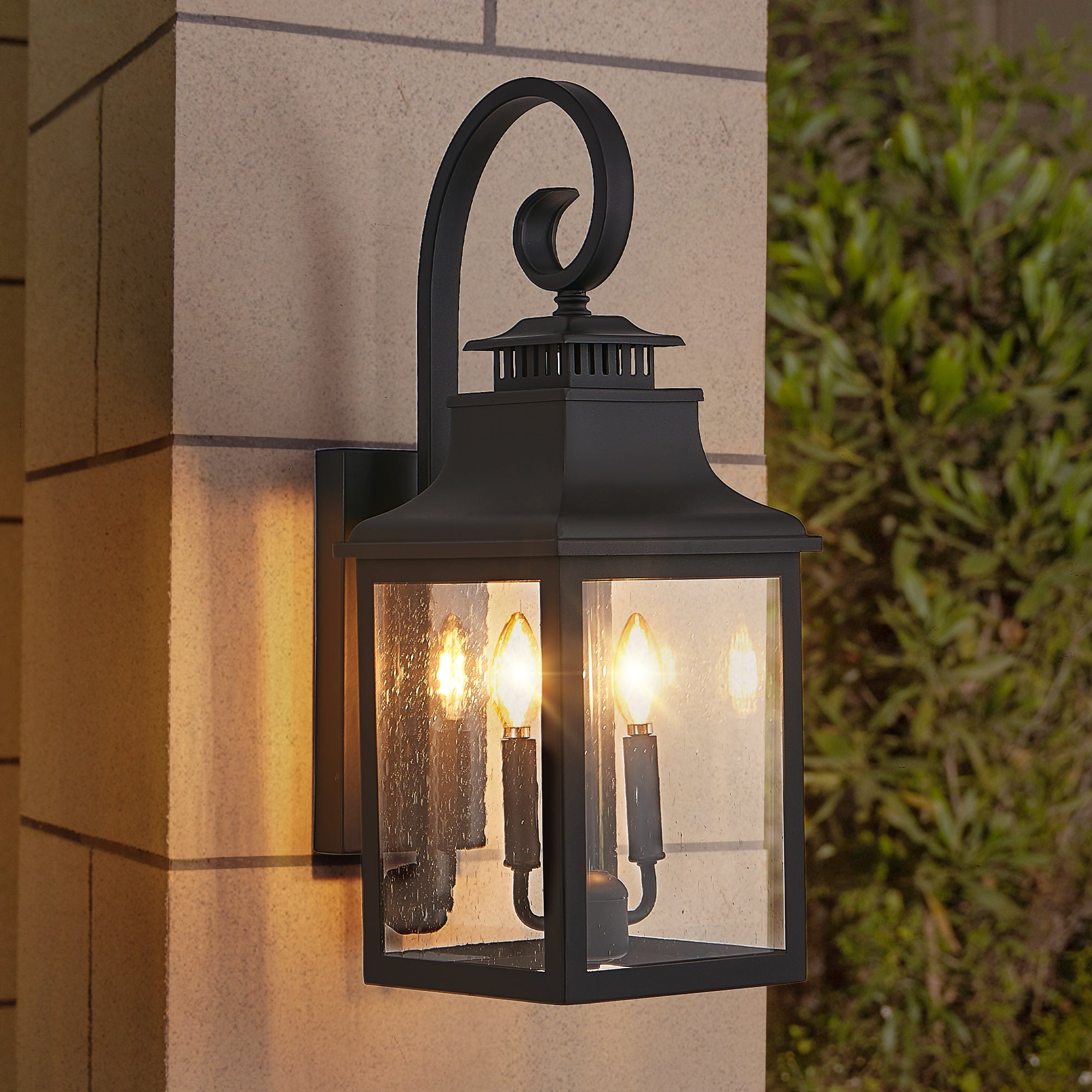 Outdoor Wall Lantern, Aluminum Sconce with Seeded Glass, Black