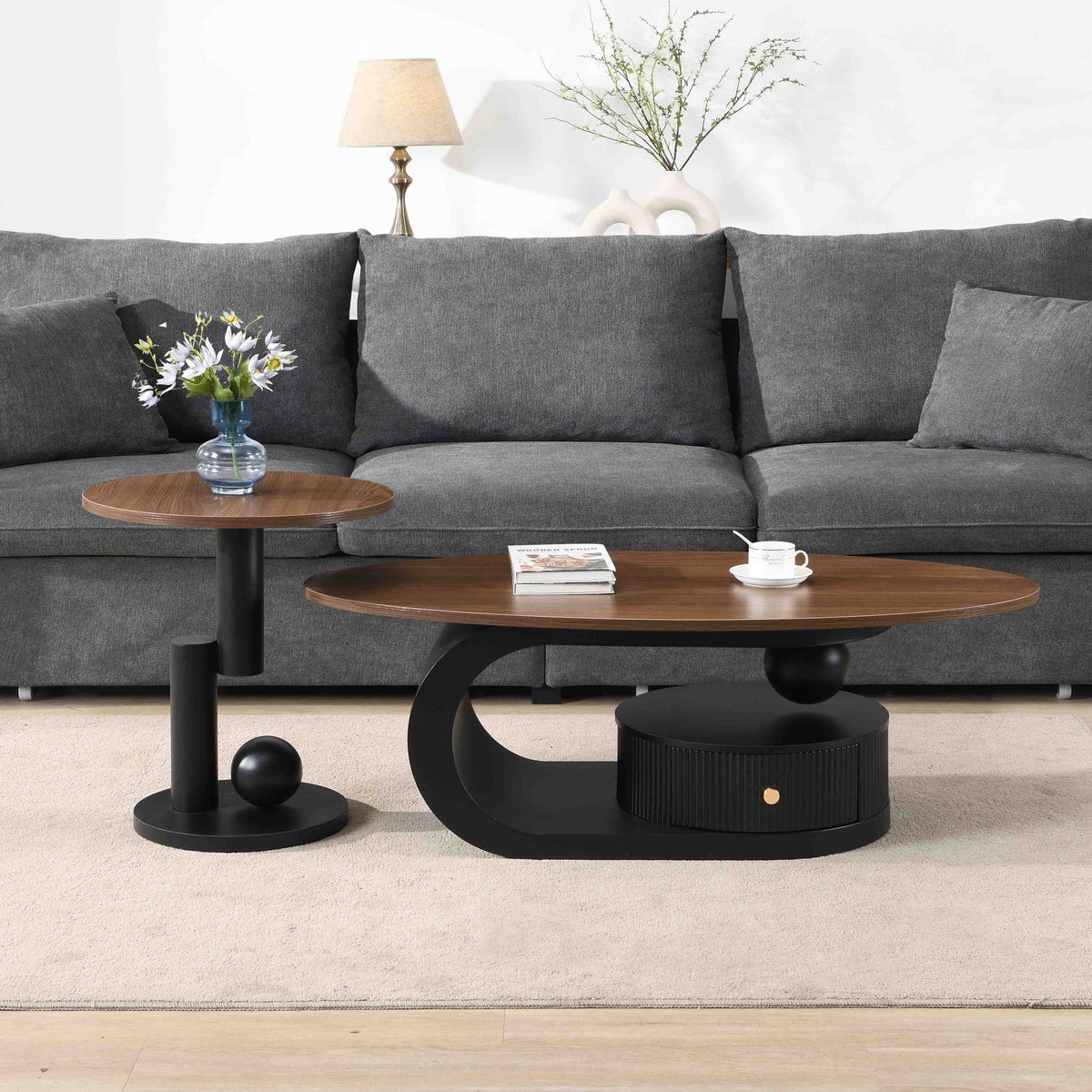 Black Oval Coffee Table with Storage