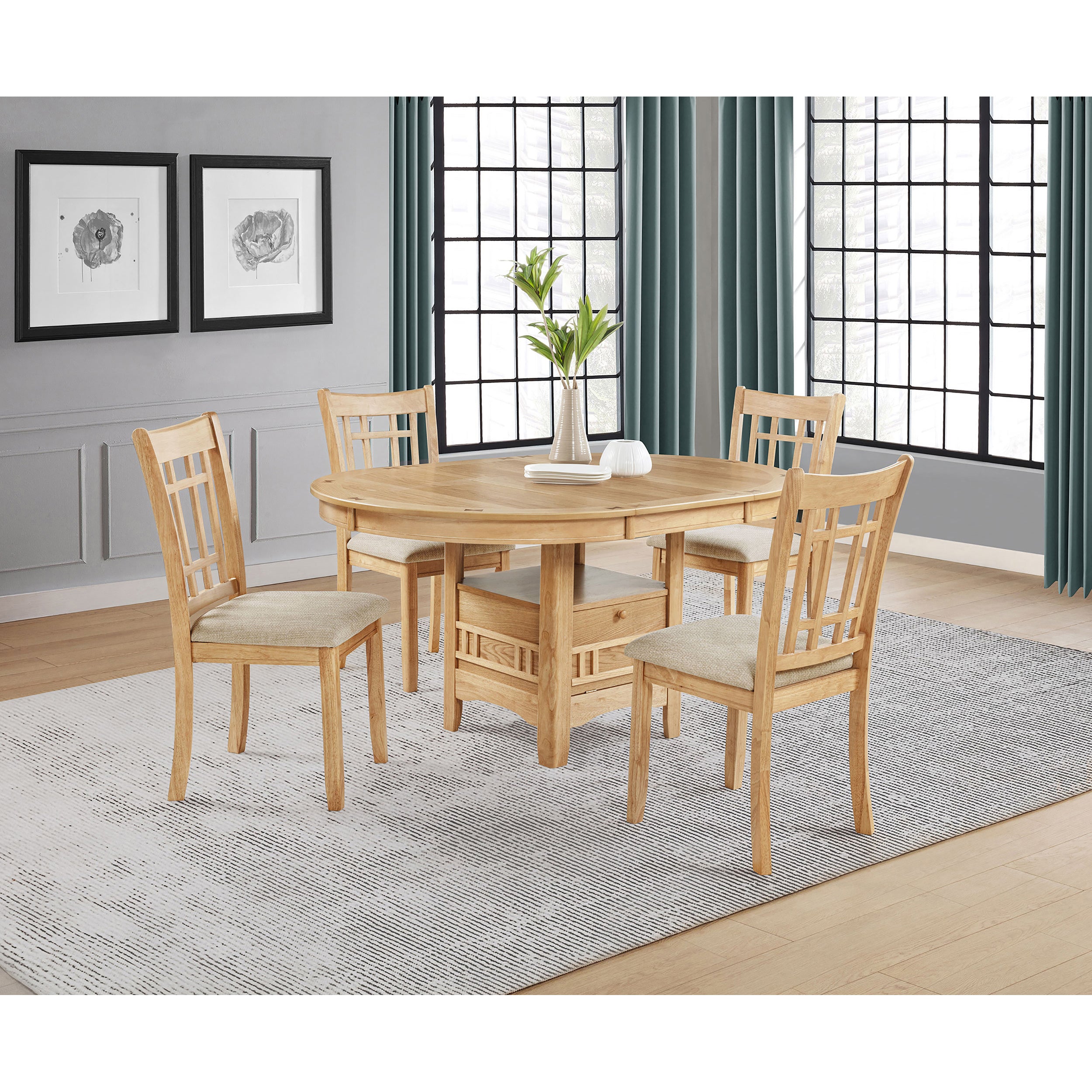Light oak oval dining set with four chairs, styled in a room with blue curtains