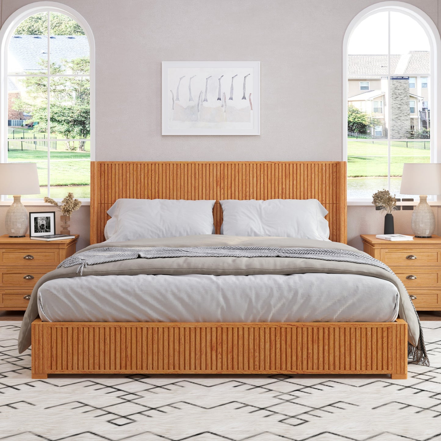 Natural wood floor bed frame in bright bedroom with arched windows