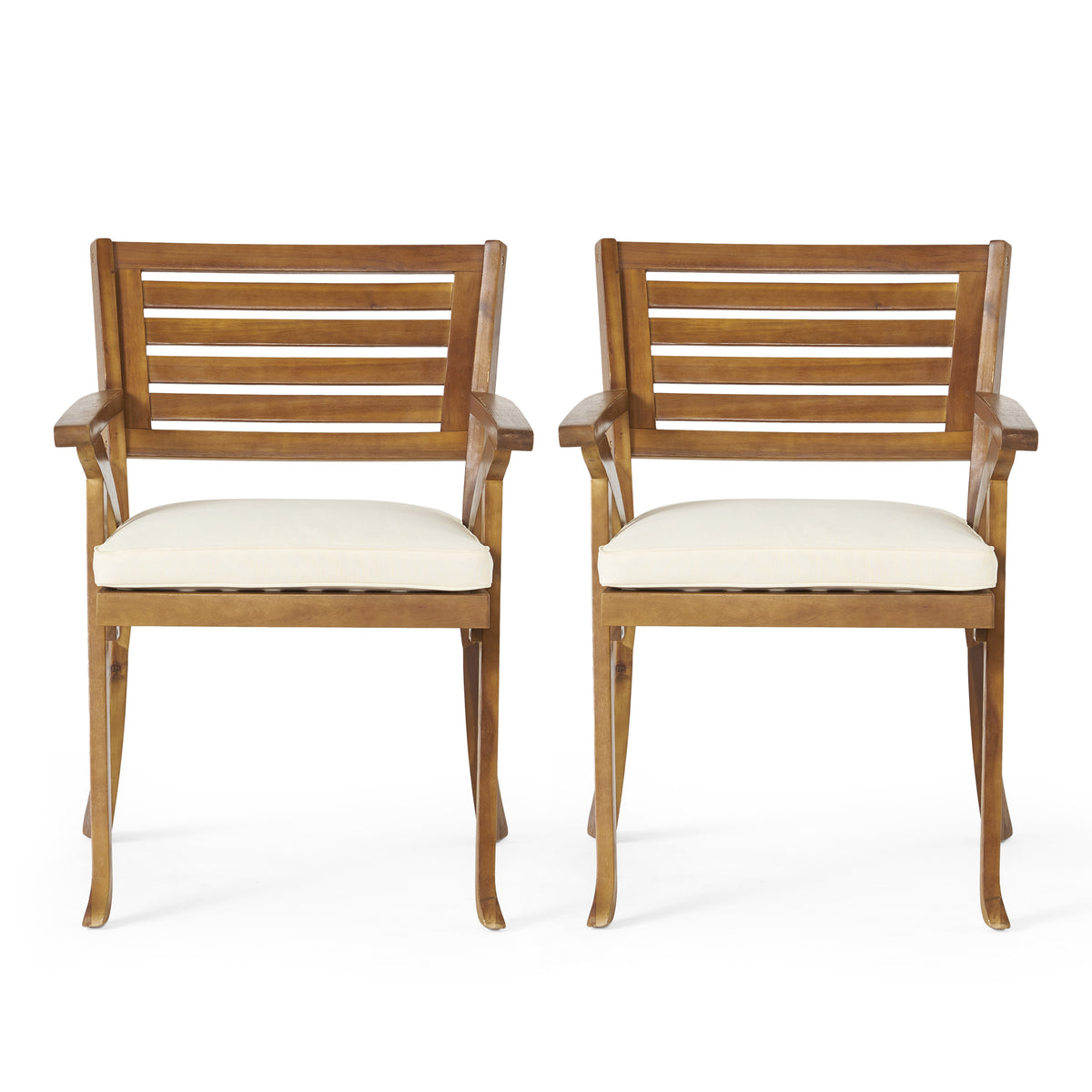Teak Finish Solid Wood Outdoor Dining Chair with Cream Cushions, Set of 2
