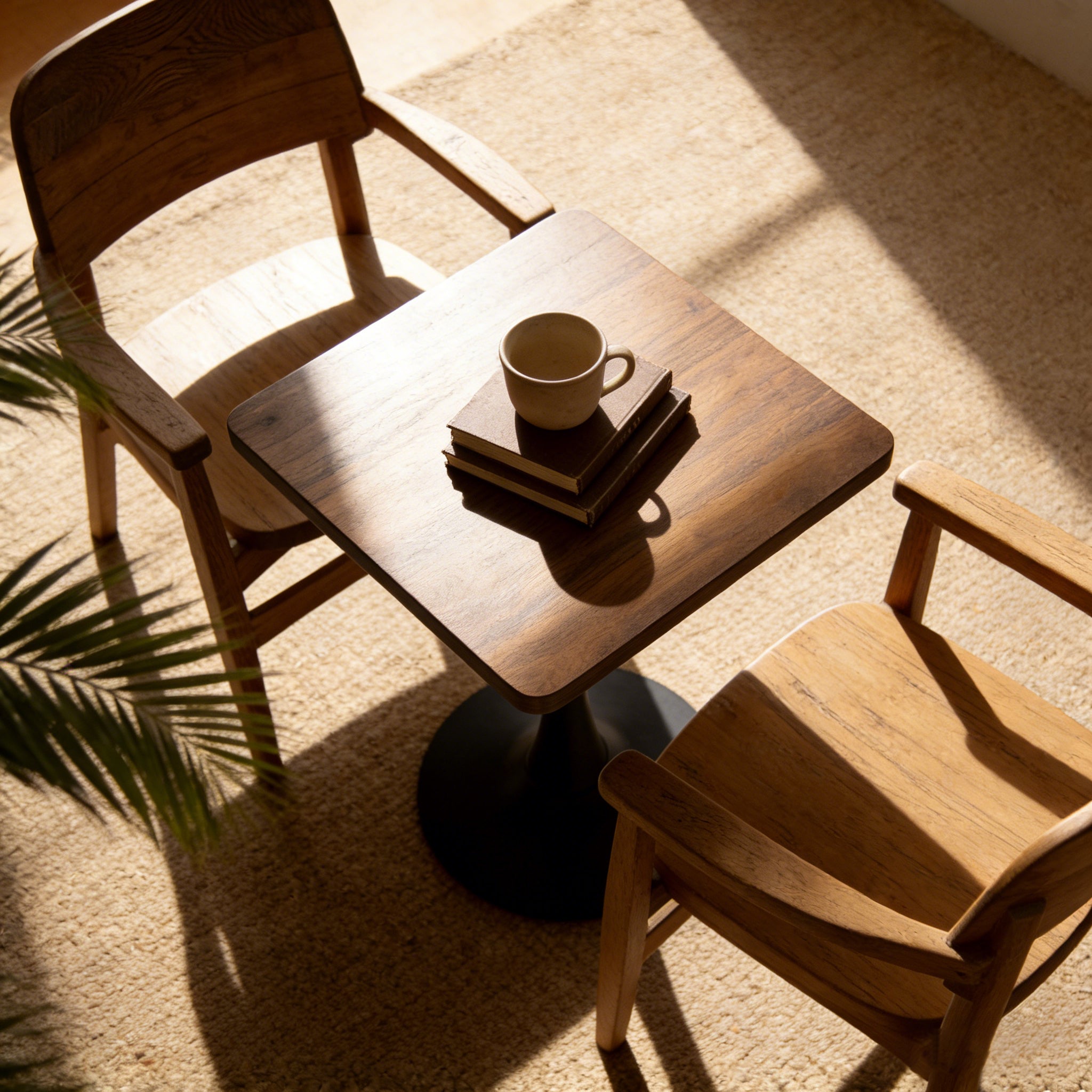 High overhead close-up of the walnut square tulip bistro table with two wood armchairs in warm sunlight