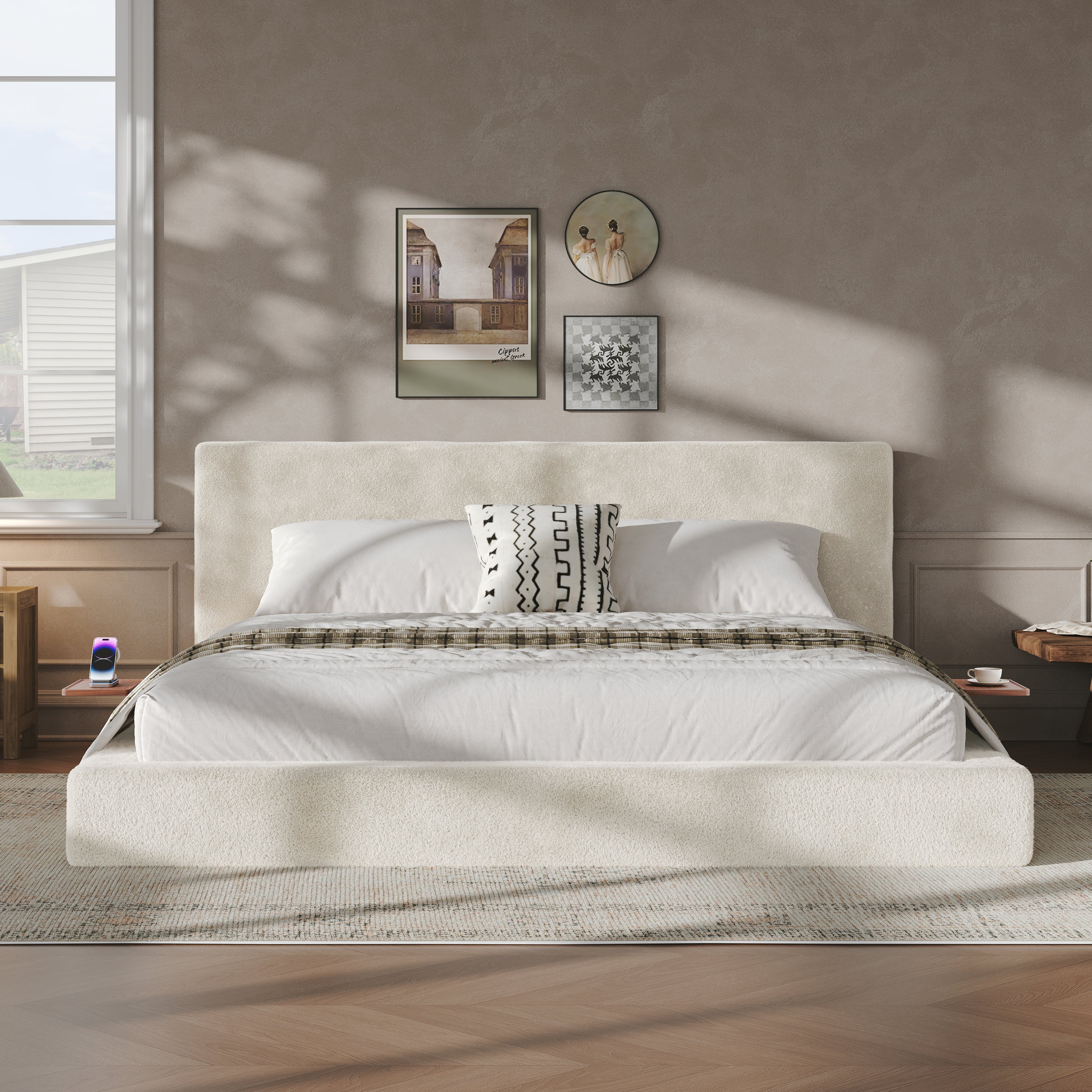 King Bed Frame with Sliding Side Shelves, Off-White Sherpa