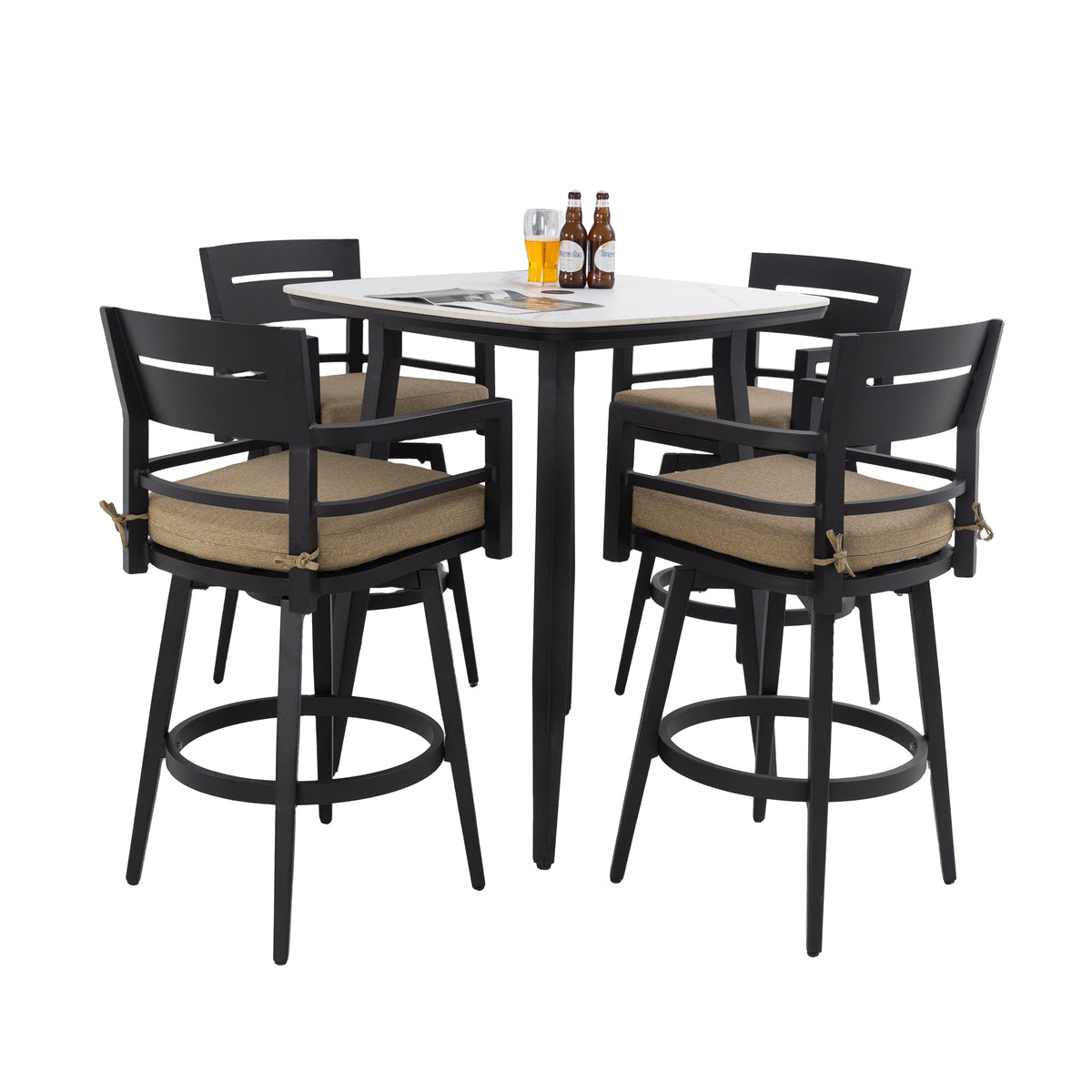 Black Aluminum 5-Piece Outdoor Bar Set for 4 with Cushions, Swivel
