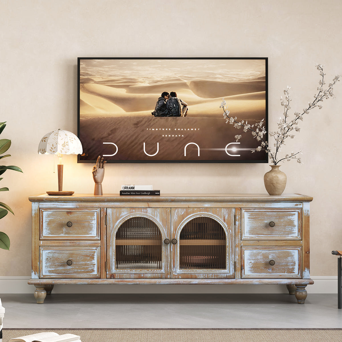 White TV Stand, Glass Doors, 59.8 in Wide