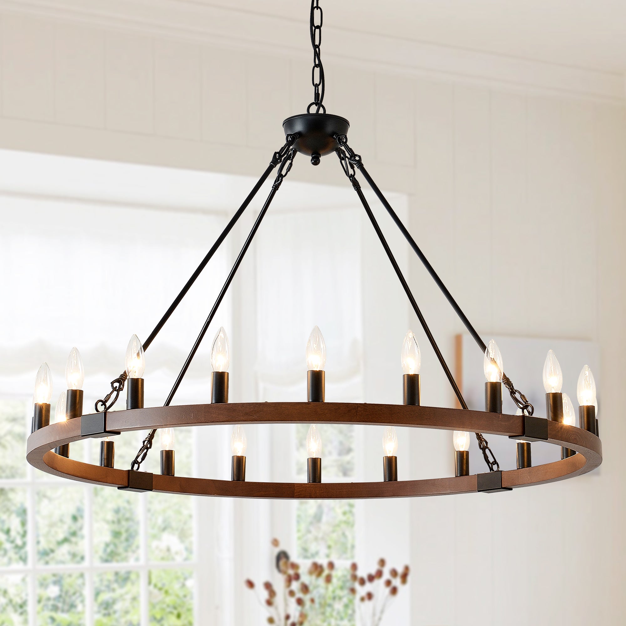 Chandelier, 20-Light Wagon Wheel Wood Traditional, Matte Black