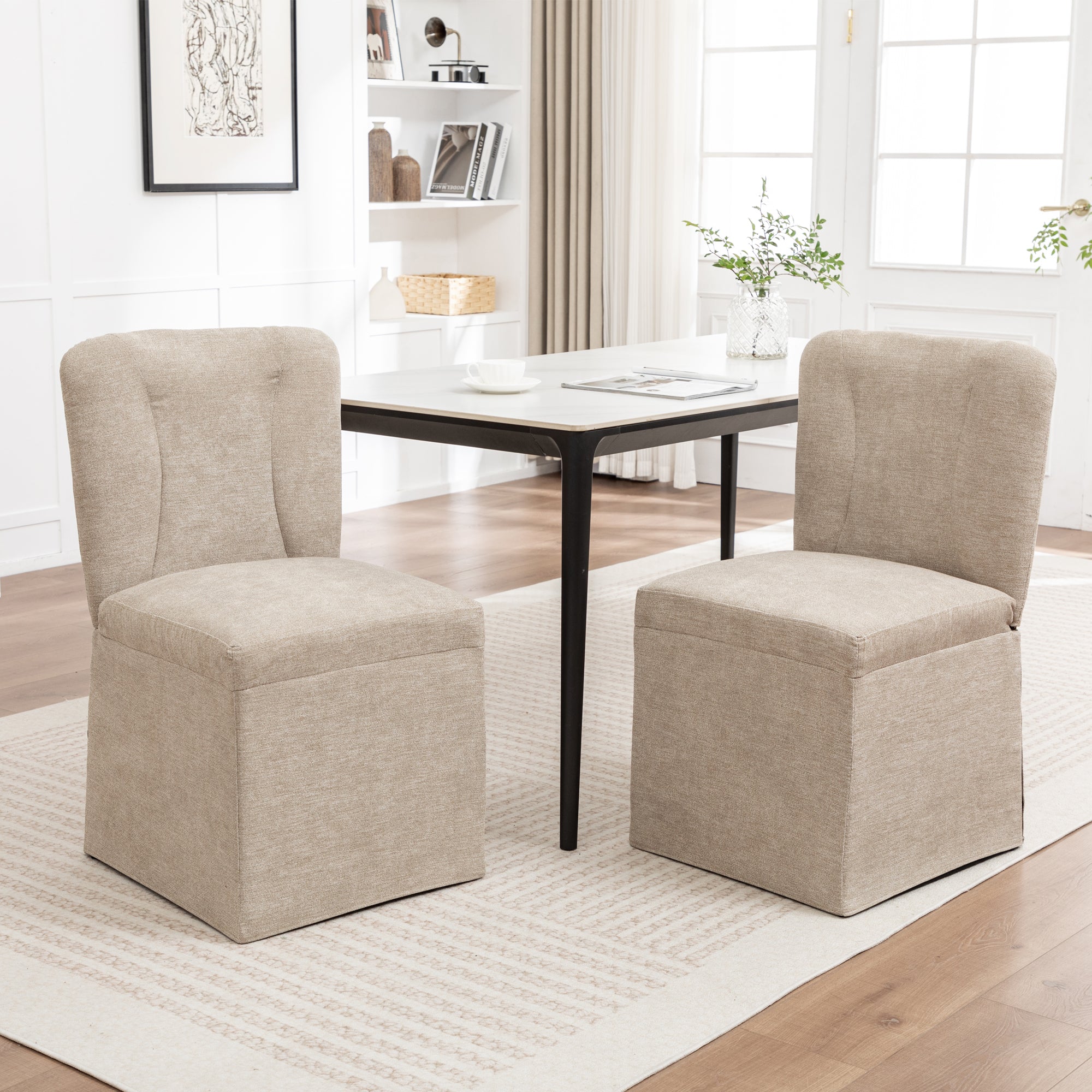 Upholstered Skirted Dining Chairs Set of 2, Brown Linen
