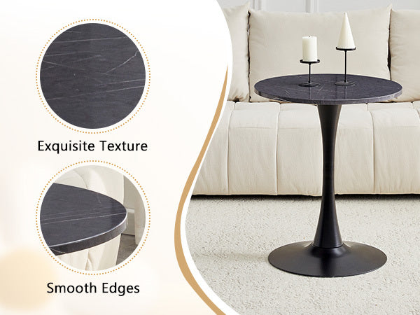 Feature graphic showing the tabletop texture and smooth edges next to a tall black bistro table in a room