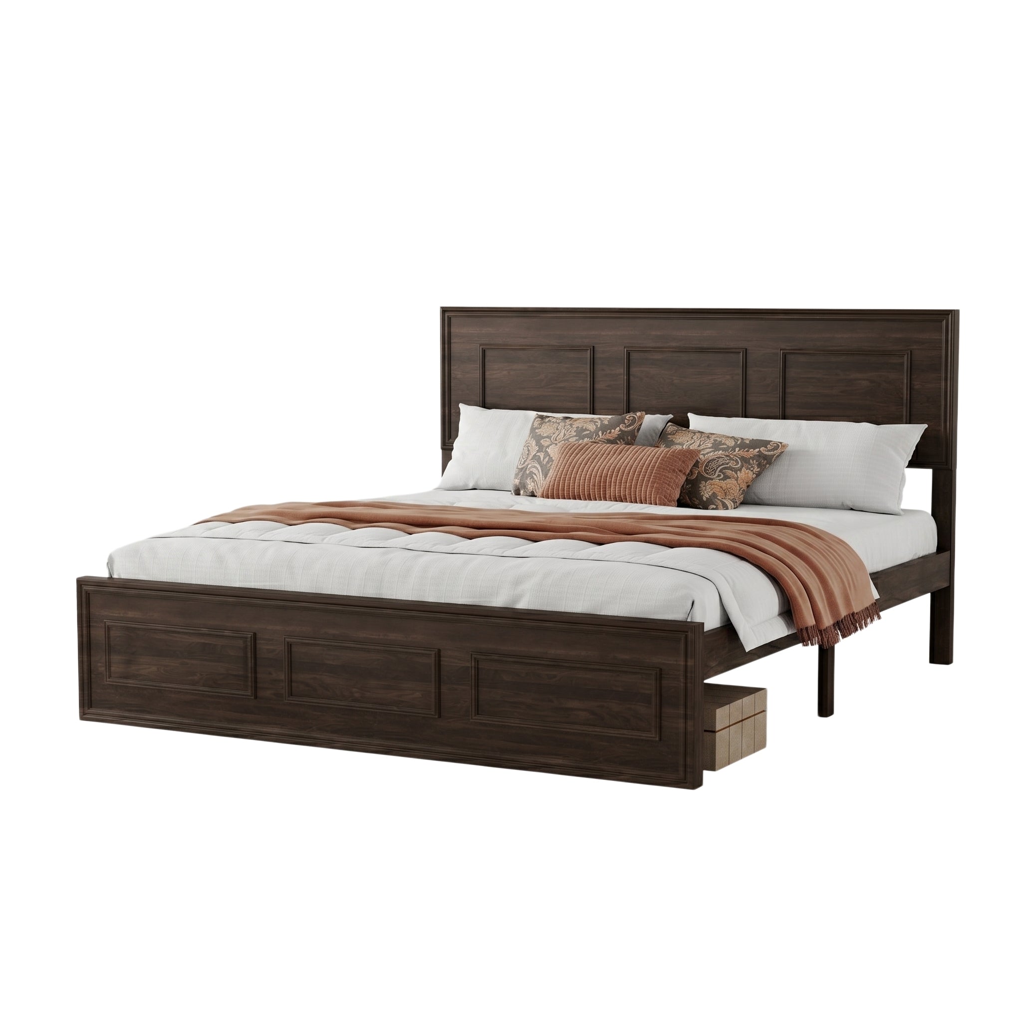 Studio angled view of rich brown queen panel bed with white and rust bedding #Color_Rich Brown