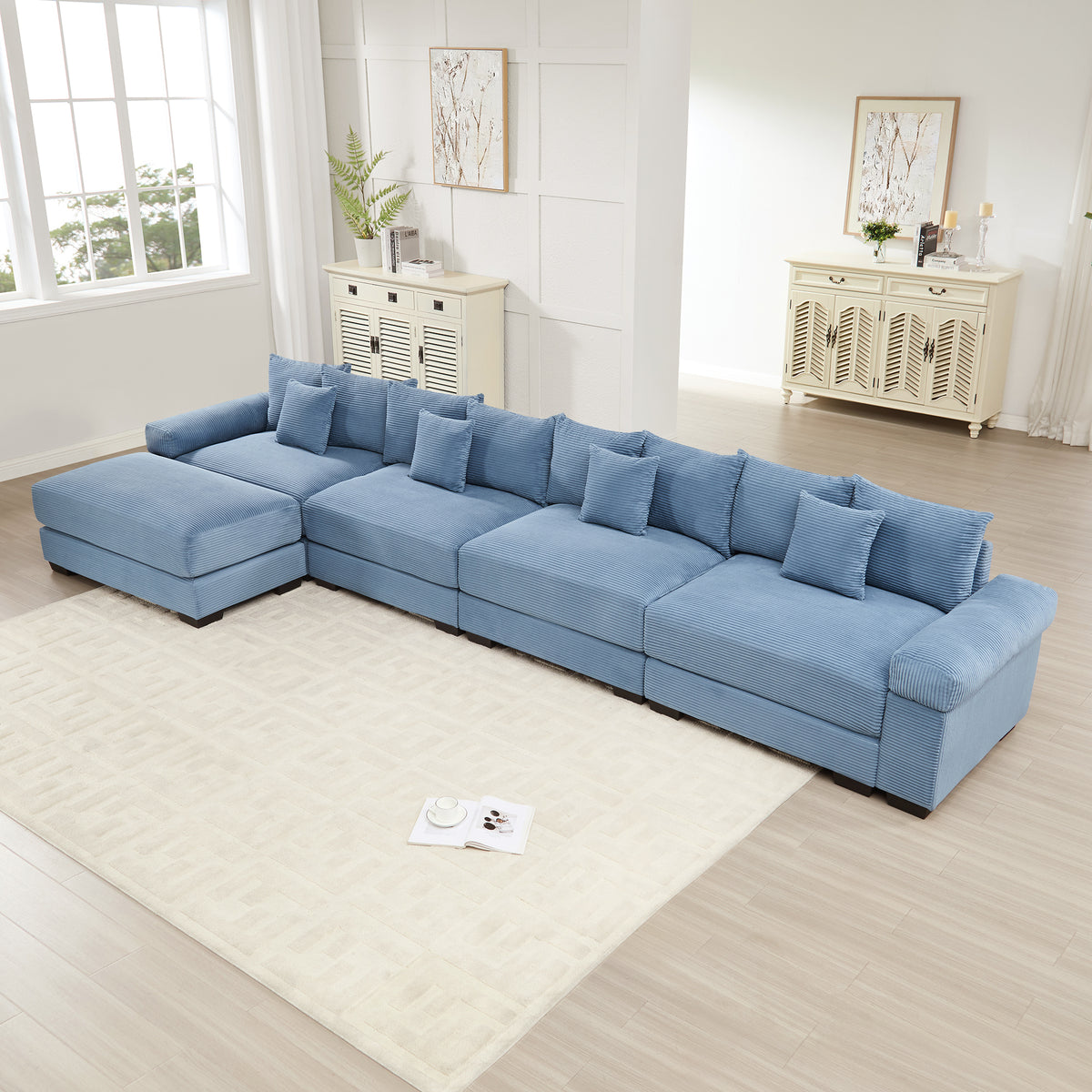 Blue Corduroy Modular Sectional with Ottoman, 170 in Wide