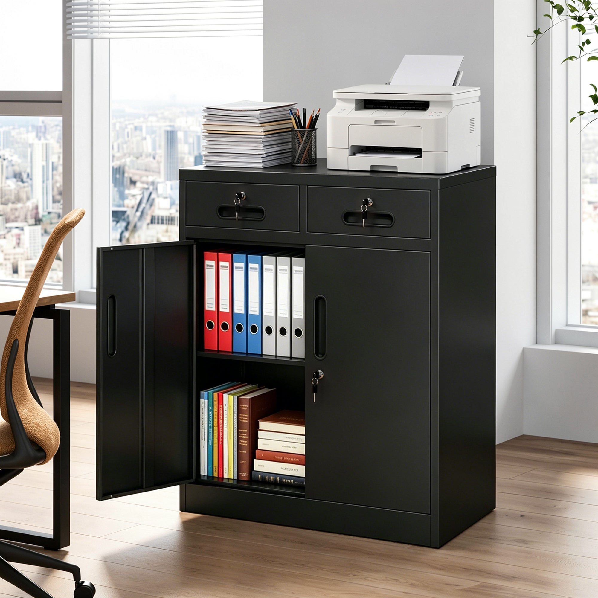Storage Cabinet with Doors and Lock, Cupboard, 31.5 in, Black